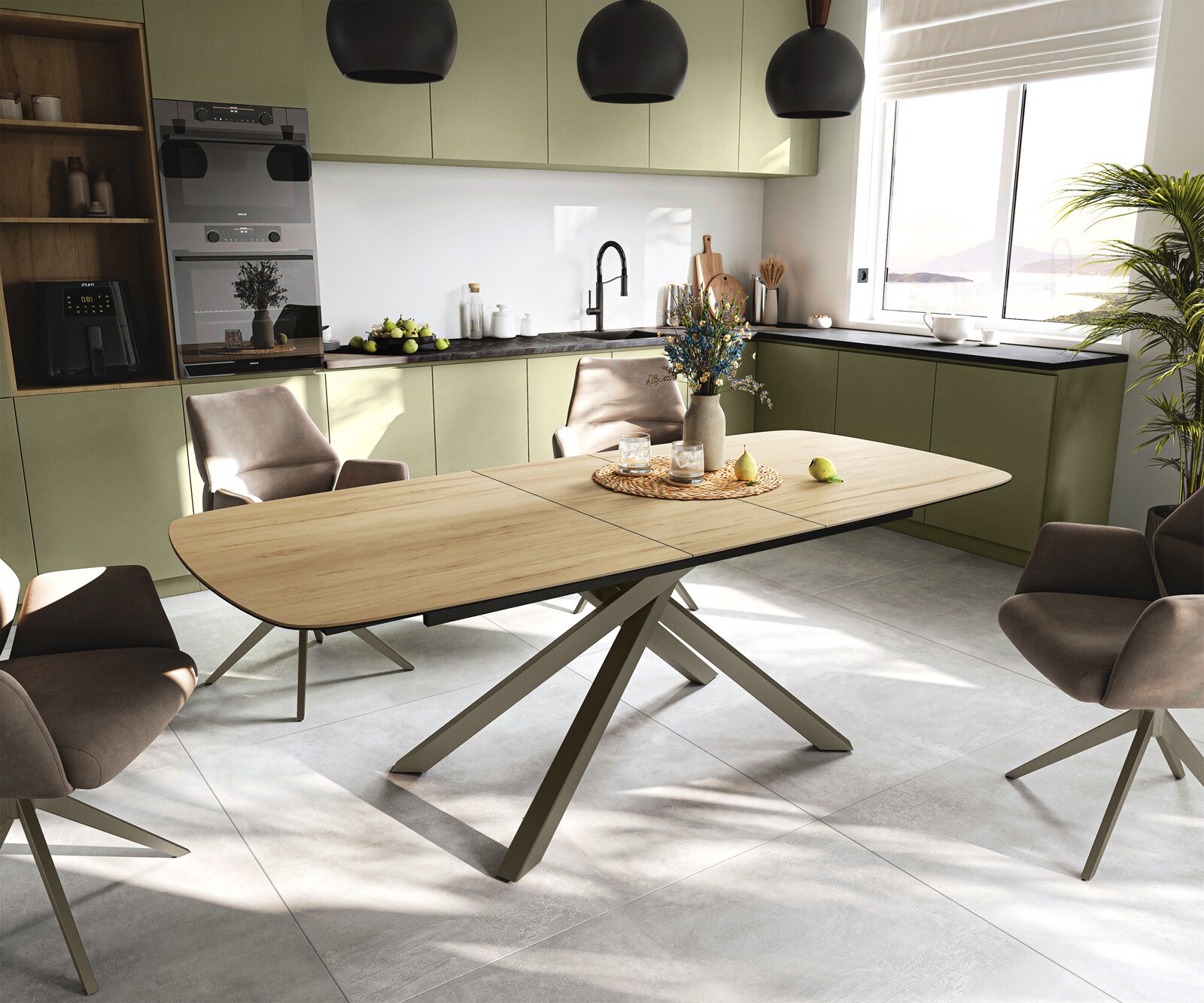 Table à manger Edge Boot 180-220x100 cm Céramique Laminam® Sabbia Eichefarbig piètement en croix Rectangle Finition effet Titan extensible 1