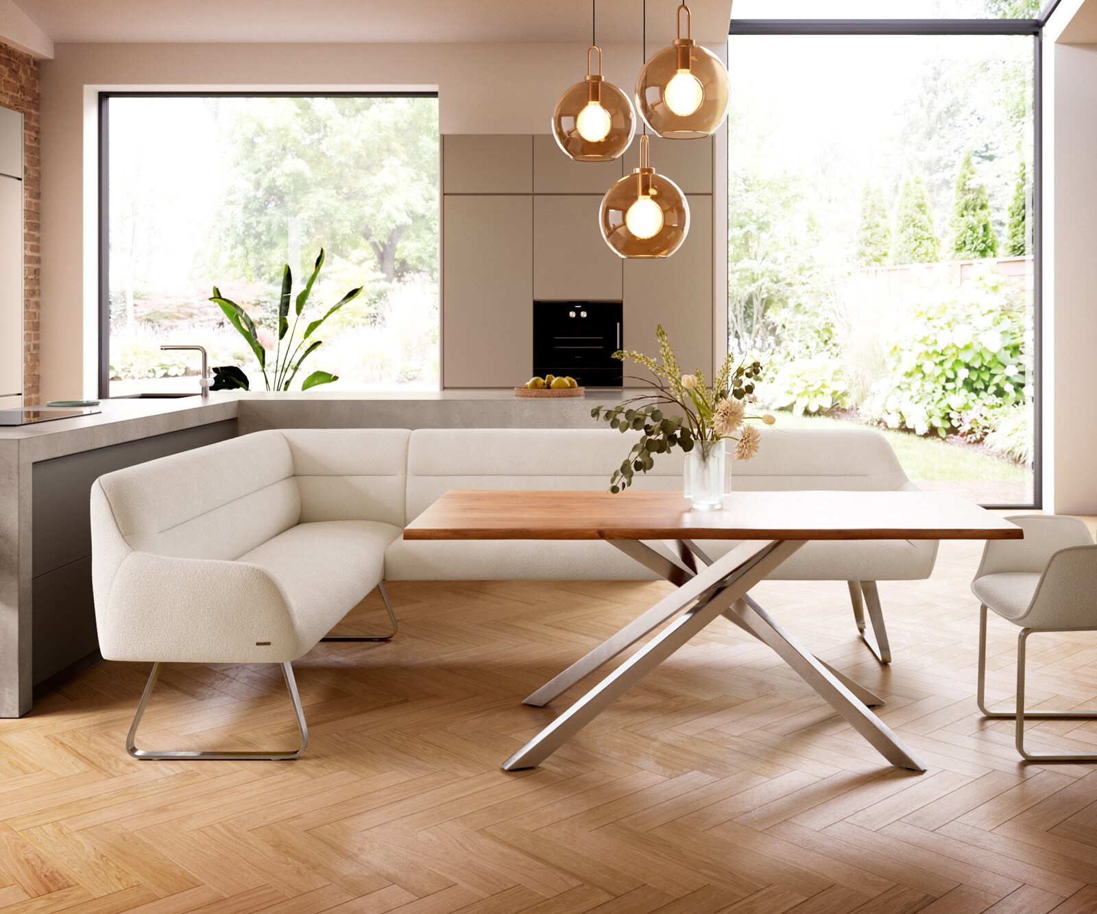 Banc-de-salle-à-manger Taya-Flex 285x190 cm bouclé crème-blanc châssis à patins plat acier inoxydable ressort ensaché à droite 2