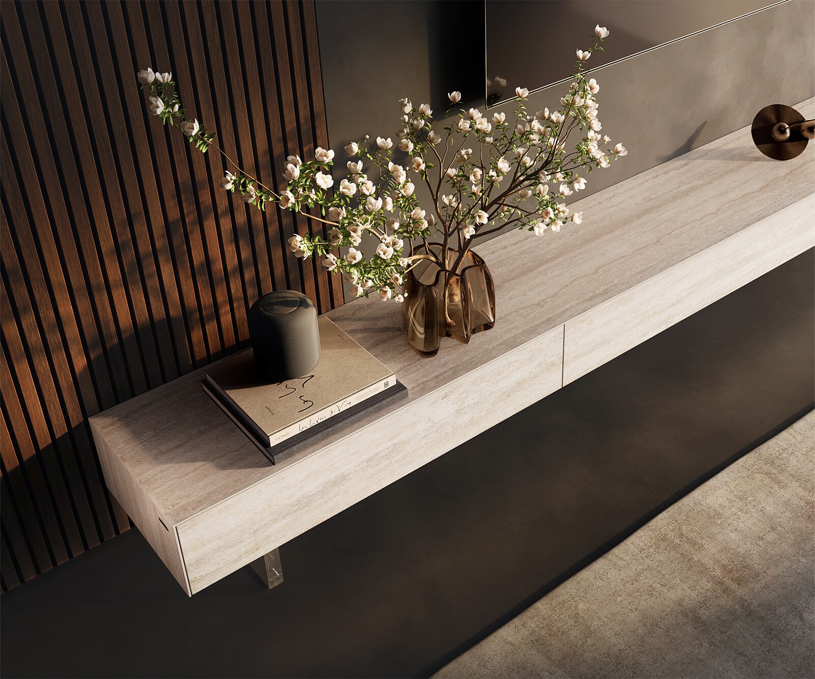 Meuble-TV Cuor 250 cm Céramique Laminam® Travertino Bianco Crème-blanc 1 Clapet 1 Tiroir Pied optique flottant Verre acrylique 4