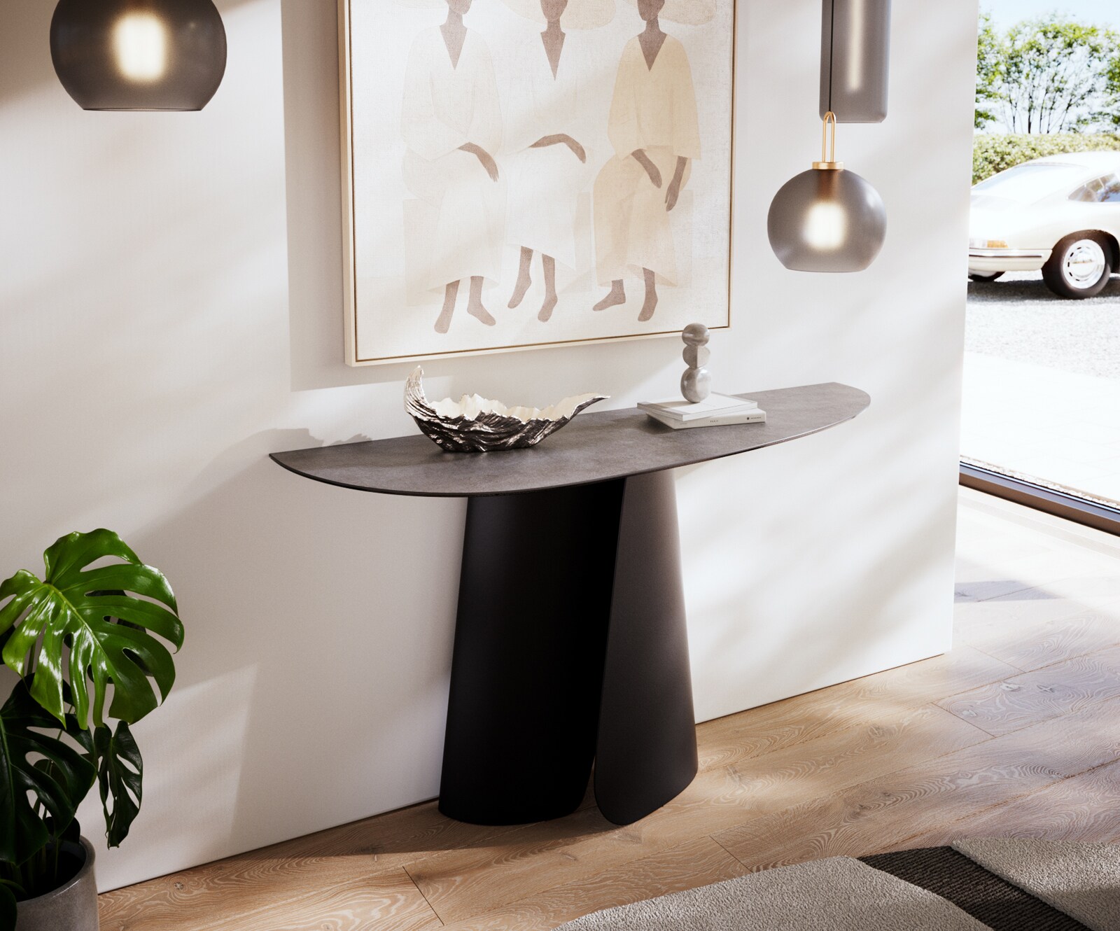 Table console Edge Oval 140x40 cm Céramique Béton Gris Livos Métal Noir 1