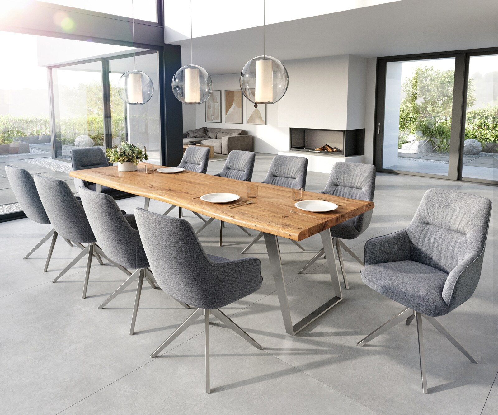 Chaise-de-salle-à-manger Zelia-Flex avec accoudoirs tissu texturé gris clair pied croisé large acier inoxydable brossé ressorts ensachés 3 Chaise-de-salle-à-manger Zelia-Flex avec accoudoirs tissu texturé gris clair pied croisé large acier inoxydable brossé ressorts ensachés 3