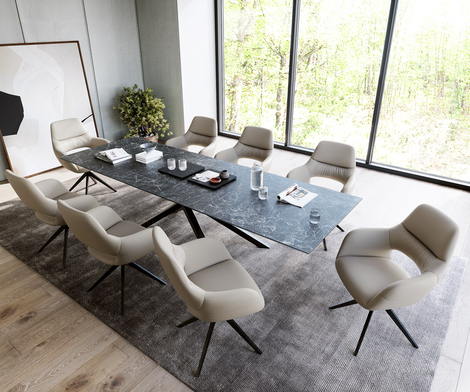 Table-à-manger Edge 300x100cm Laminam® céramique gris pieds milieu croisé noir 5