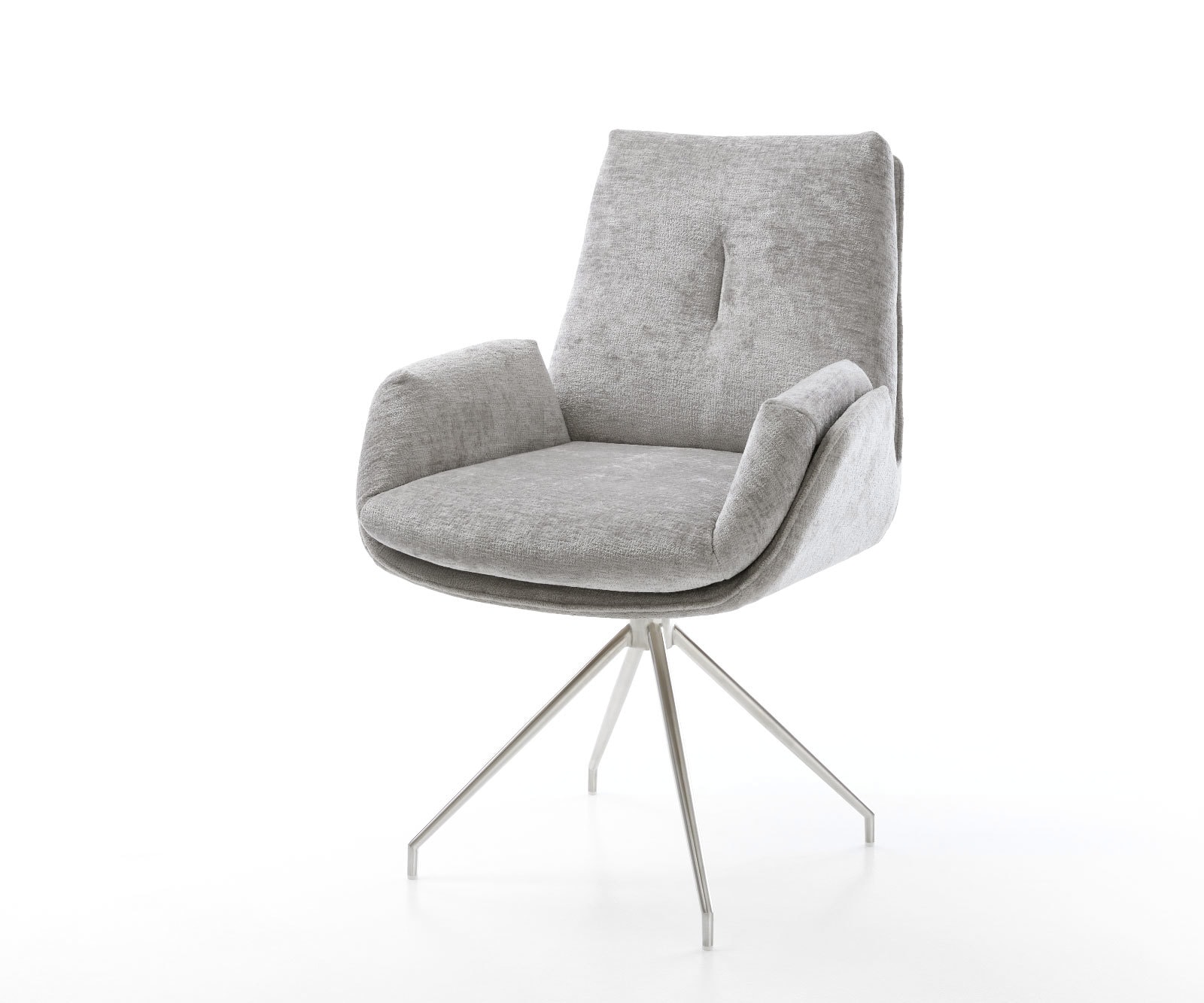 Chaise-pivotante Clea-Flex chenille gris argenté pied croisé conique acier inoxydable brossé pivotement sur 180° Chaise-pivotante Clea-Flex chenille gris argenté pied croisé conique acier inoxydable brossé pivotement sur 180°