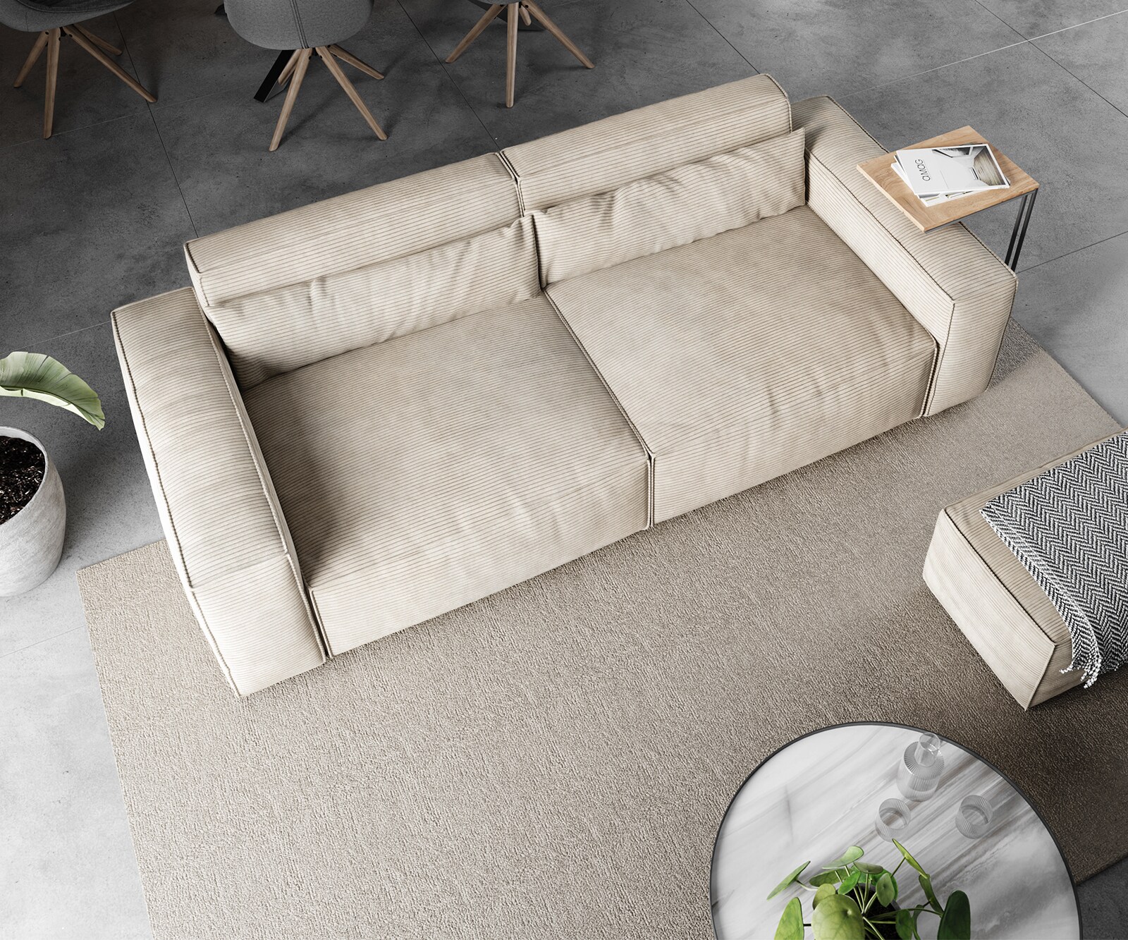 Big-Sofa Sirpio 230x90 cm Velours côtelé Beige avec Tabouret 3
