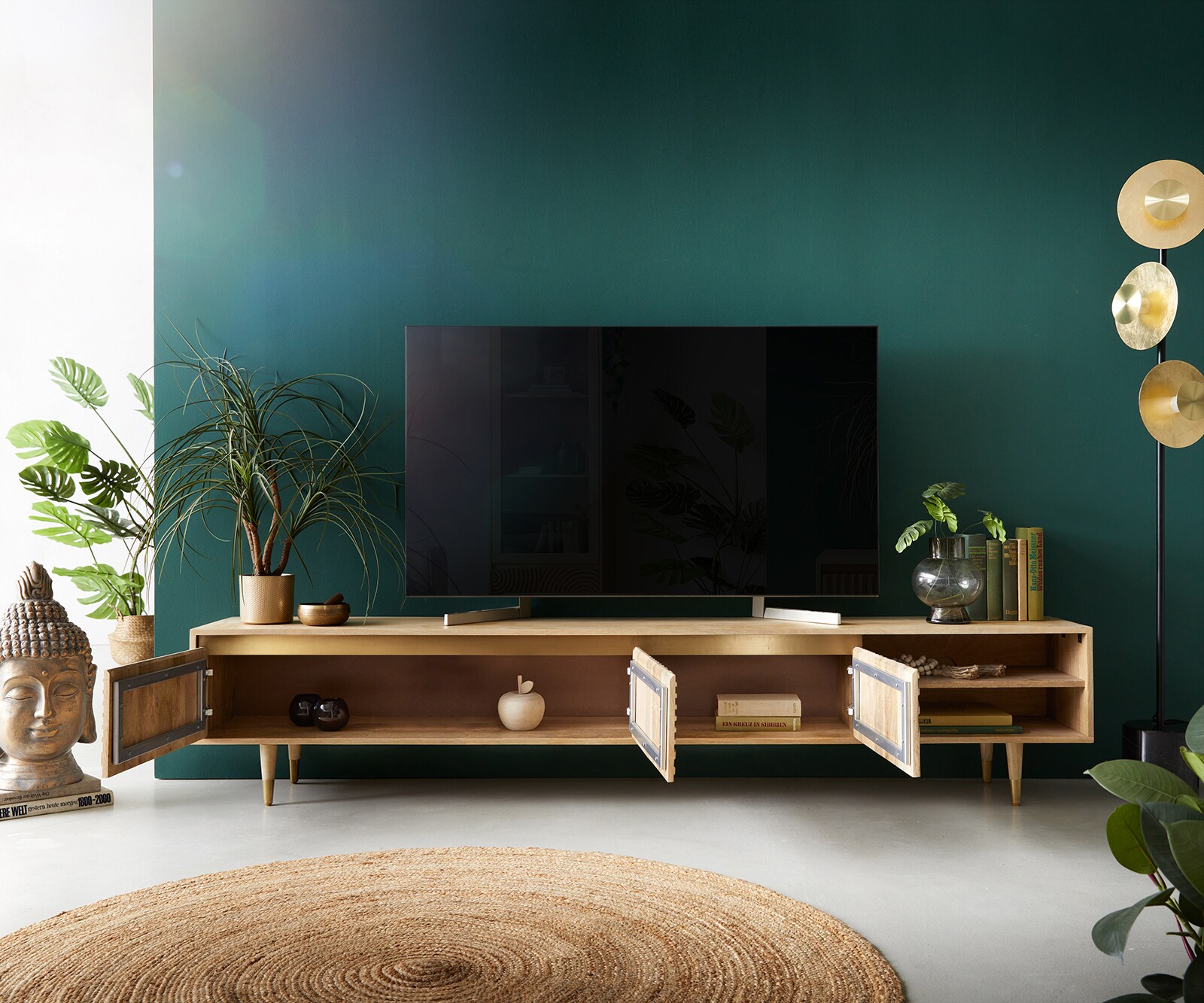 Meuble-TV Budaya 220 cm Mango naturel 3 portes pied conique 4