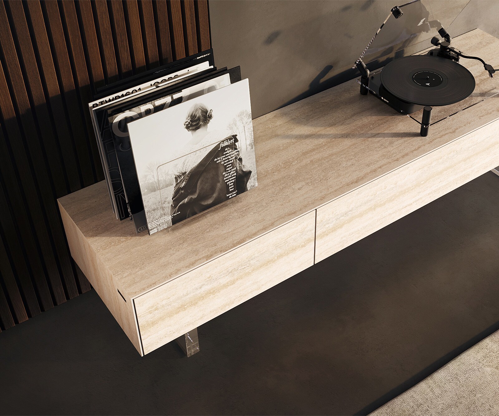 Meuble-TV Cuor 150 cm Céramique Laminam® Travertino Bianco Crème-blanc 1 Clapet 1 Tiroir Pied optique flottant Verre acrylique 3