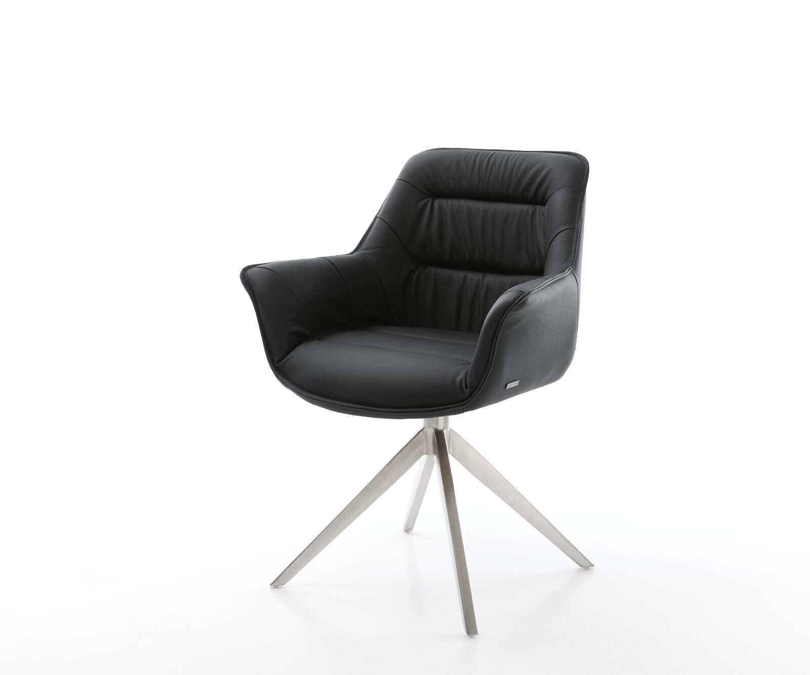 Chaise-de-salle-à-manger Kaira-Flex cuir de vache noir pied croisé large acier inoxydable brossé