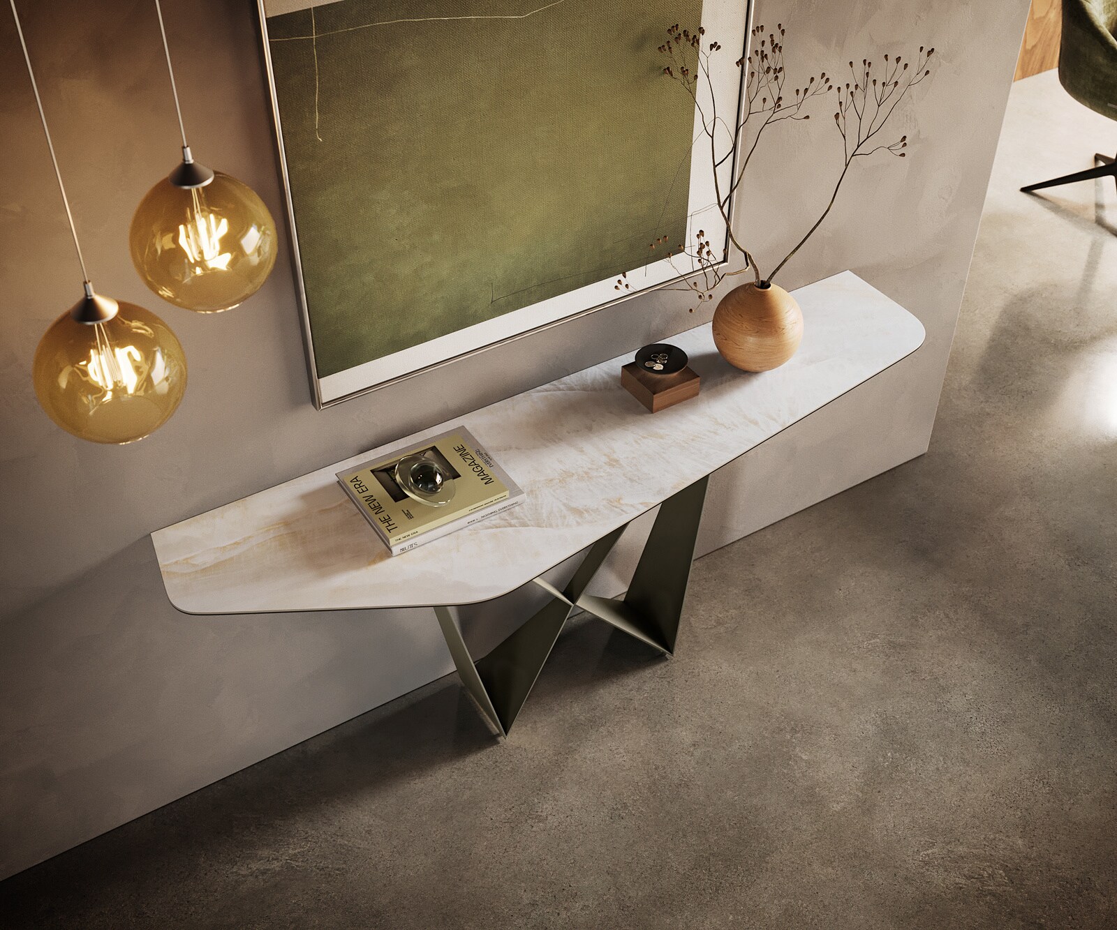 Console Edge Polygonal 180x50 cm Céramique Onyx Pearl Spios Métal Effektfinish Titan 2
