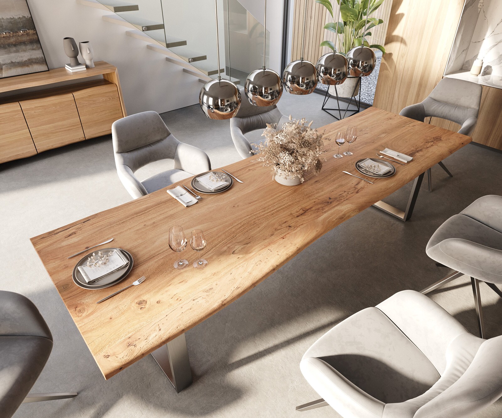 Table-à-manger Edge 300x100 acacia nature acier inoxydable mince Live-Edge 4