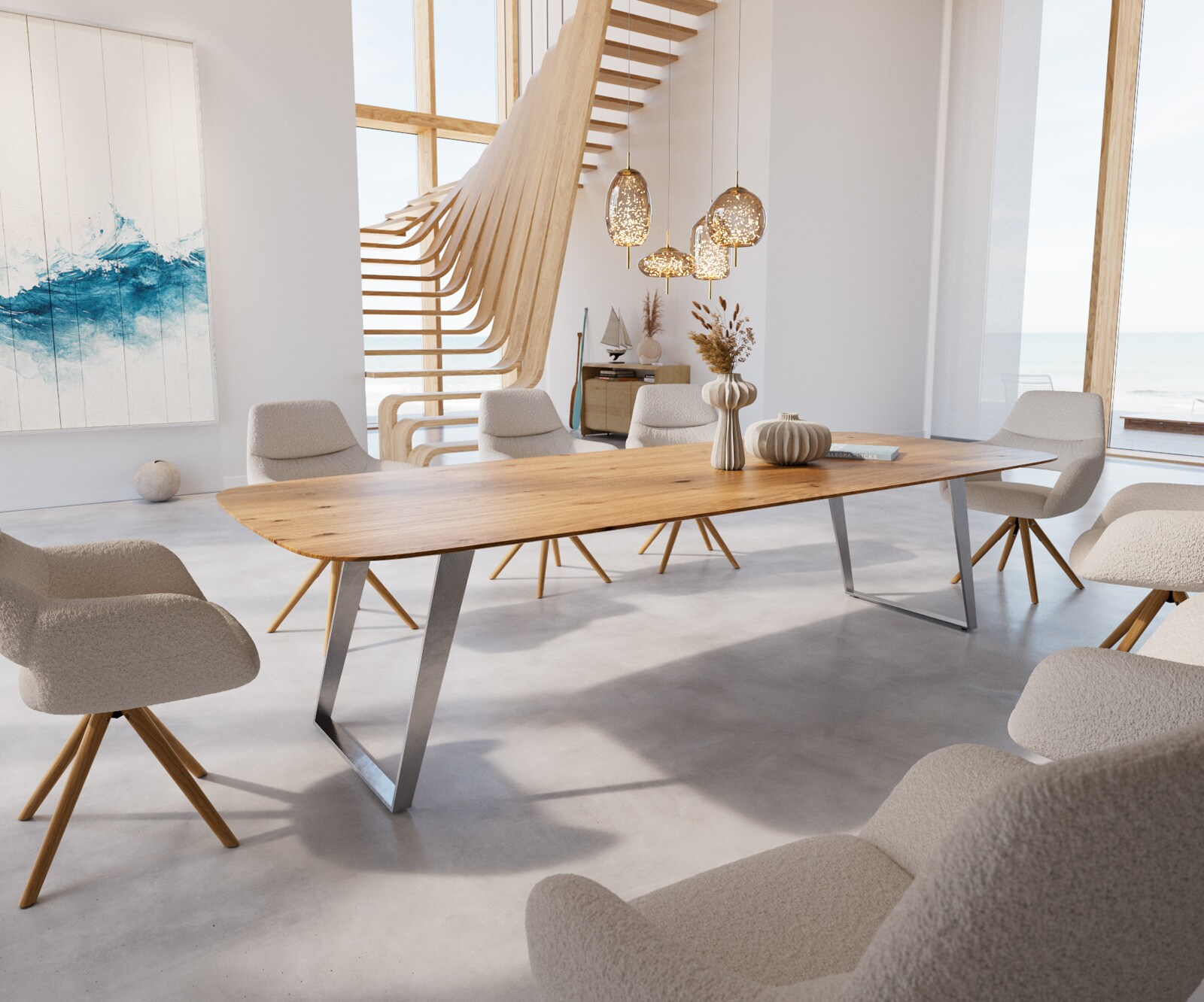 Table à manger Edge Boot 300x120 chêne nature acier inoxydable inclinée bord suisse