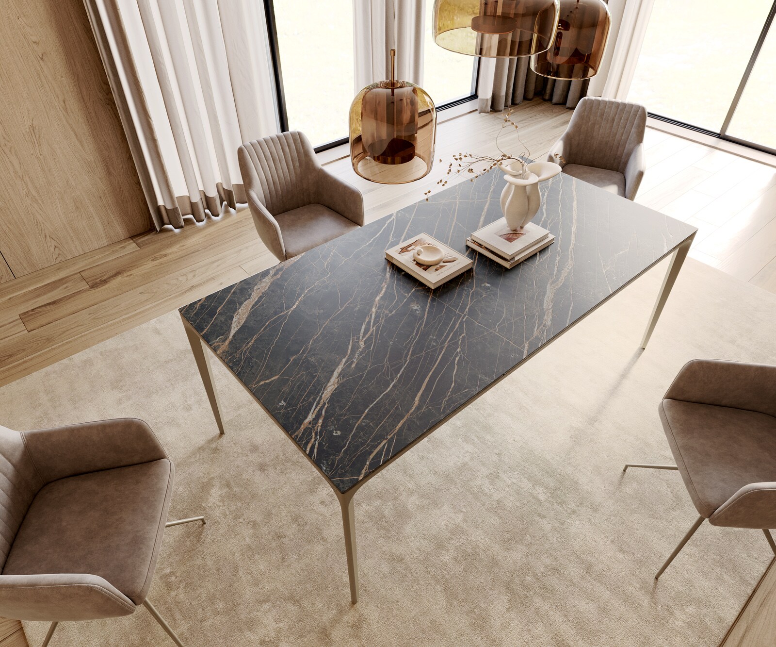 Table-à-manger Escina 200x100 cm Céramique Laminam®Noir Desir Marron Piétement Aluminium 4