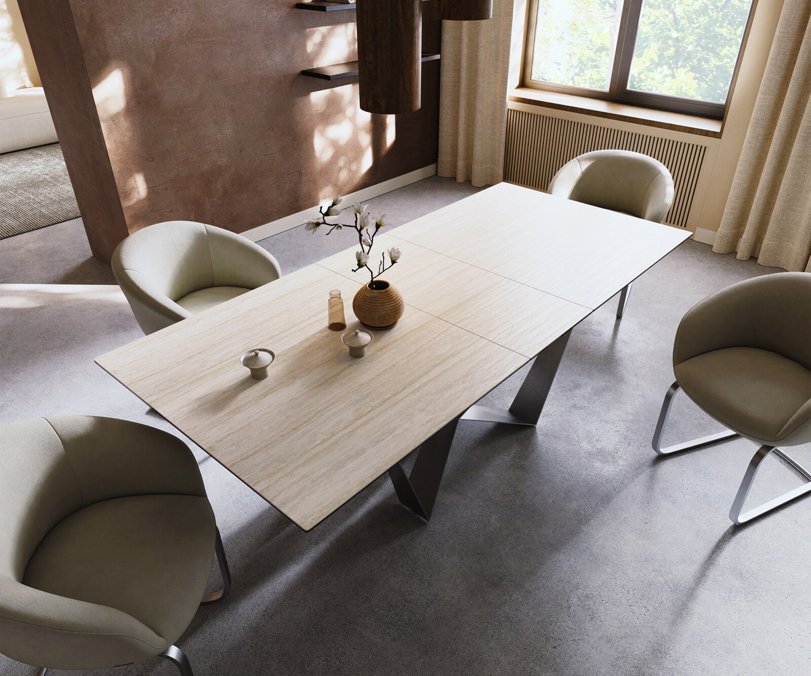 Table à manger Edge 180-220x100 céramique Laminam® Travertino Bianco crème-blanc Spider acier plat acier inoxydable extensible 3
