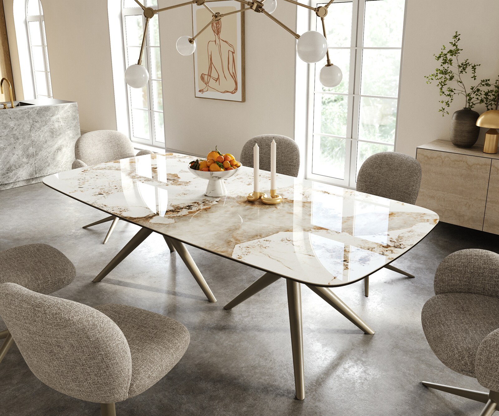 Table à manger Edge Boot 240x120 cm Céramique Minas Melange Blanc-Beige Estelar rond Métal Finition effet Titan 1