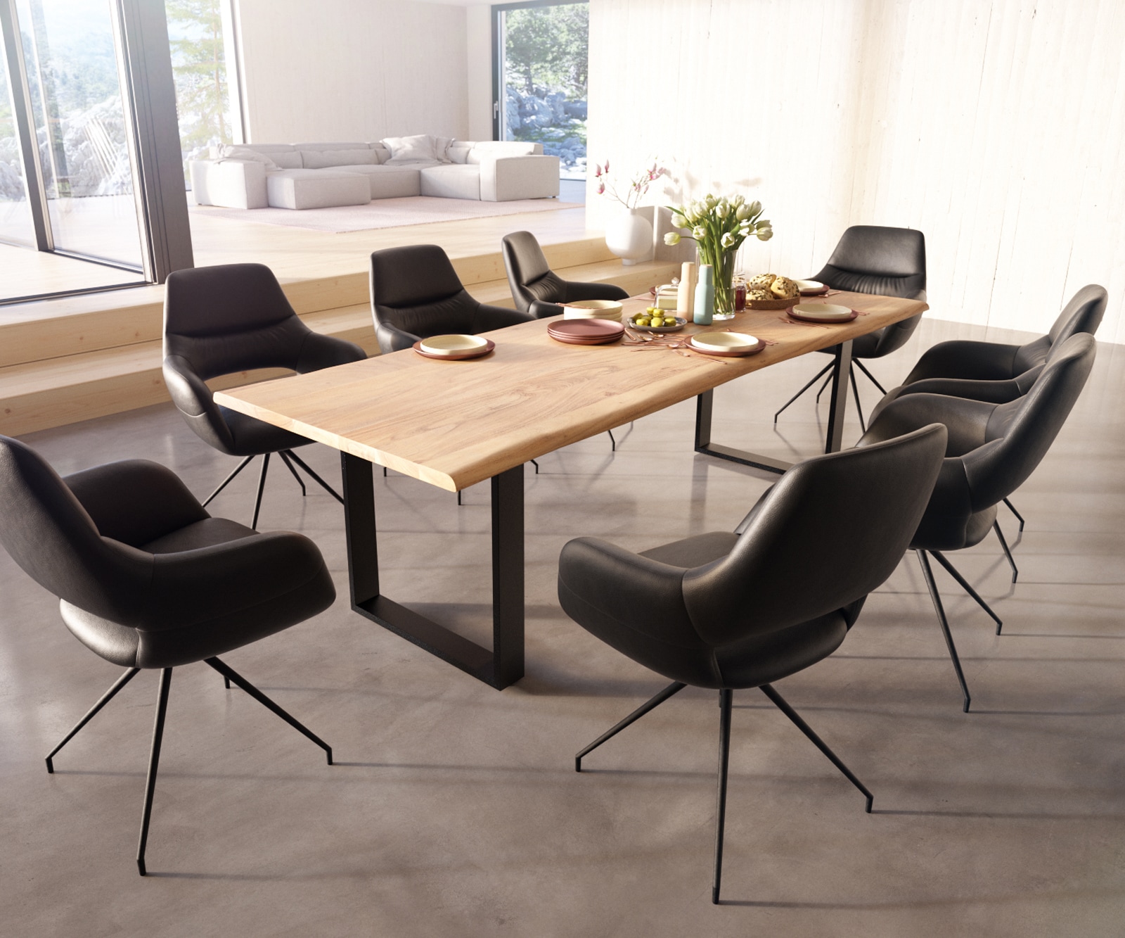 Chaise-de-salle-à-manger Yago-Flex avec accoudoirs cuir de vache noir pied croisé conique noir ressorts ensachés 3 Chaise-de-salle-à-manger Yago-Flex avec accoudoirs cuir de vache noir pied croisé conique noir ressorts ensachés 3