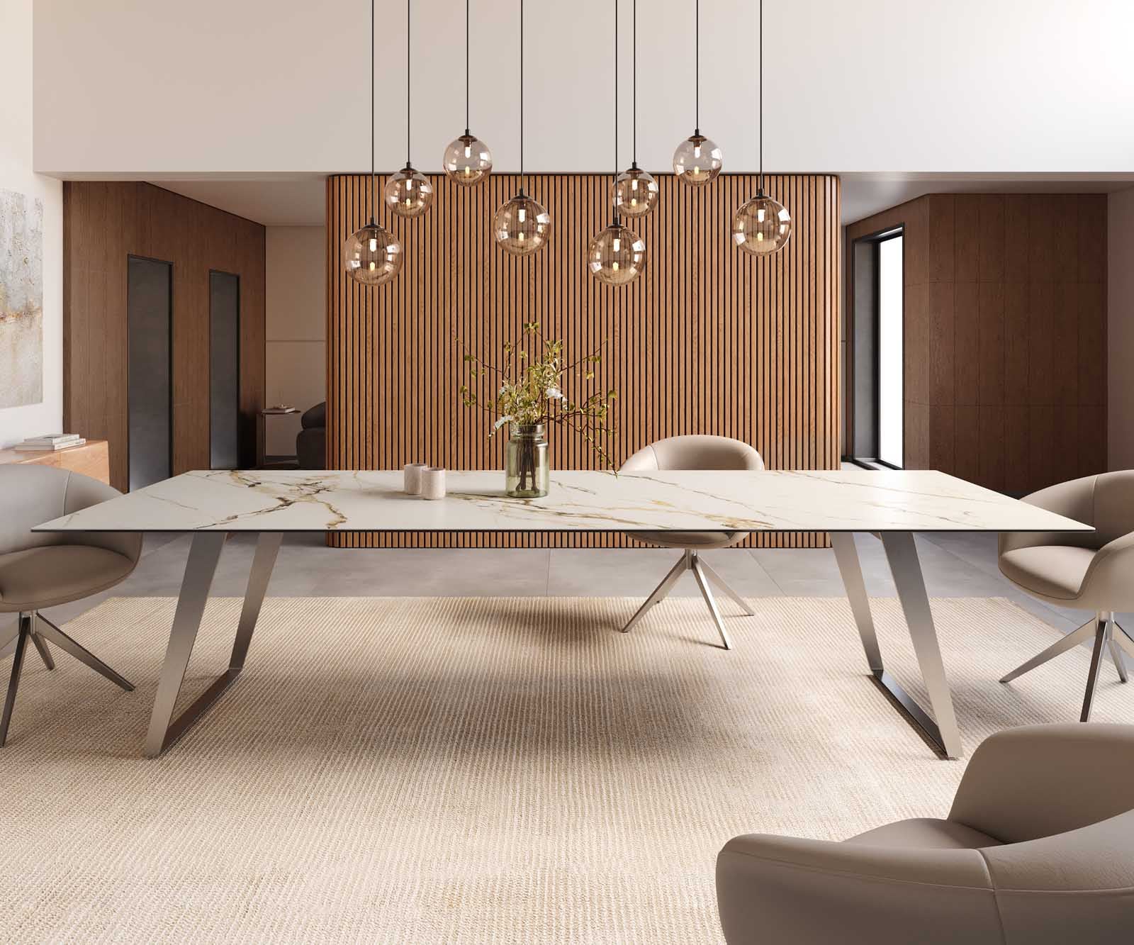 Table à manger Edge 300x100 céramique Calacatta Luxe blanc-doré-gris métal incliné noir 1 Table à manger Edge 300x100 céramique Calacatta Luxe blanc-doré-gris métal incliné noir 1