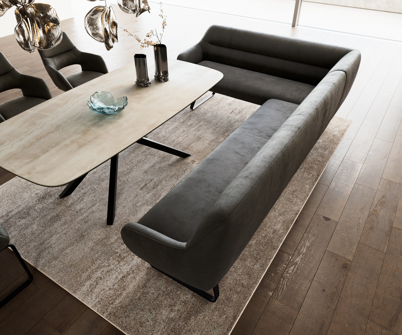 Banc-de-salle-à-manger Taya-Flex 285x190 cm microfibre antracite vintage châssis à patins plat noir ressort ensaché à droite 4