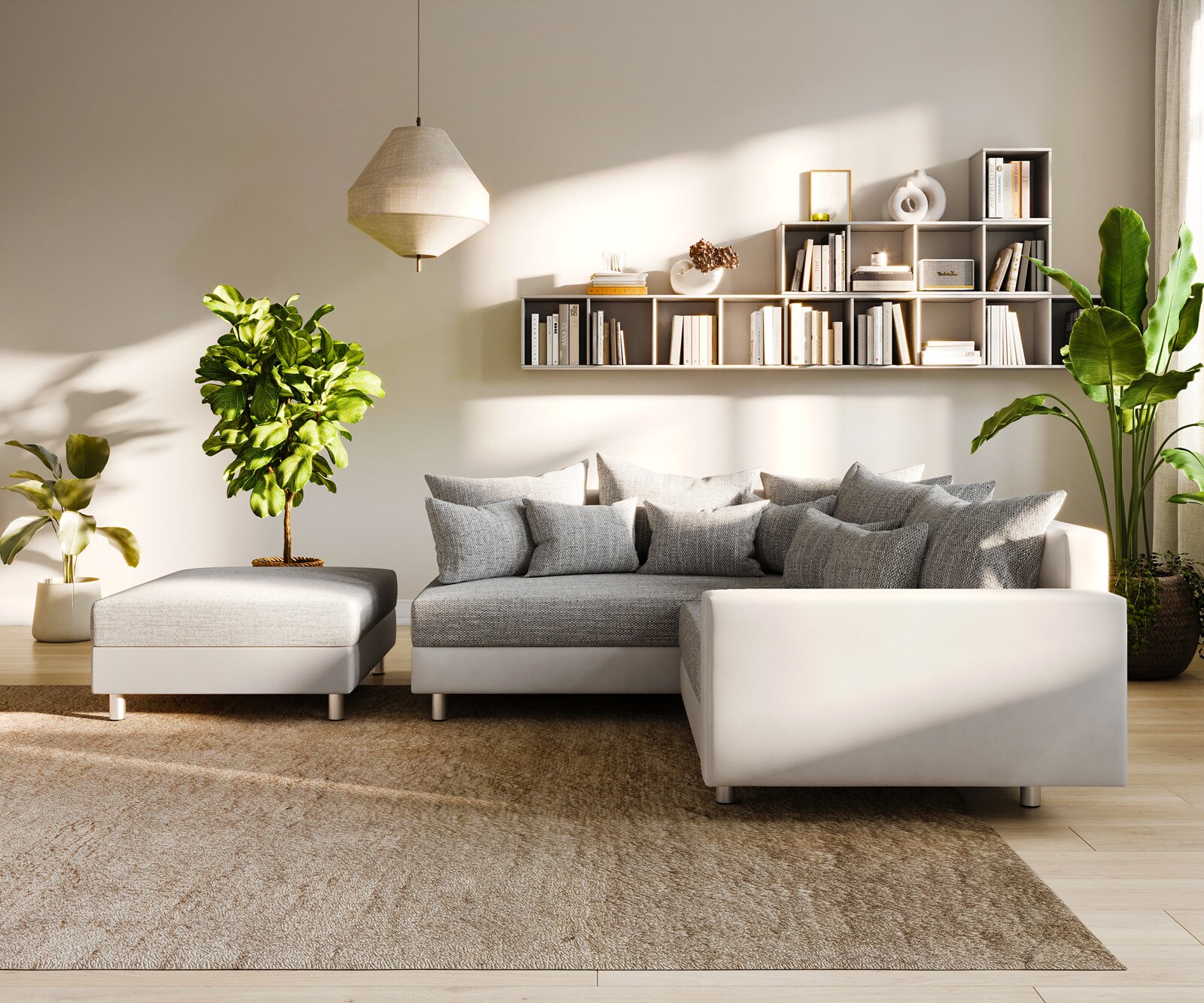 Canapé-d'angle Clovis Tabouret blanc gris clair Accoudoir Poufs gauche Canapé modulaire 3