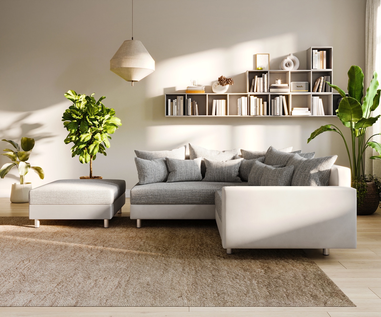 Canapé-d'angle Clovis Tabouret blanc gris clair Accoudoir Poufs gauche Canapé modulaire 3 Canapé-d'angle Clovis Tabouret blanc gris clair Accoudoir Poufs gauche Canapé modulaire 3