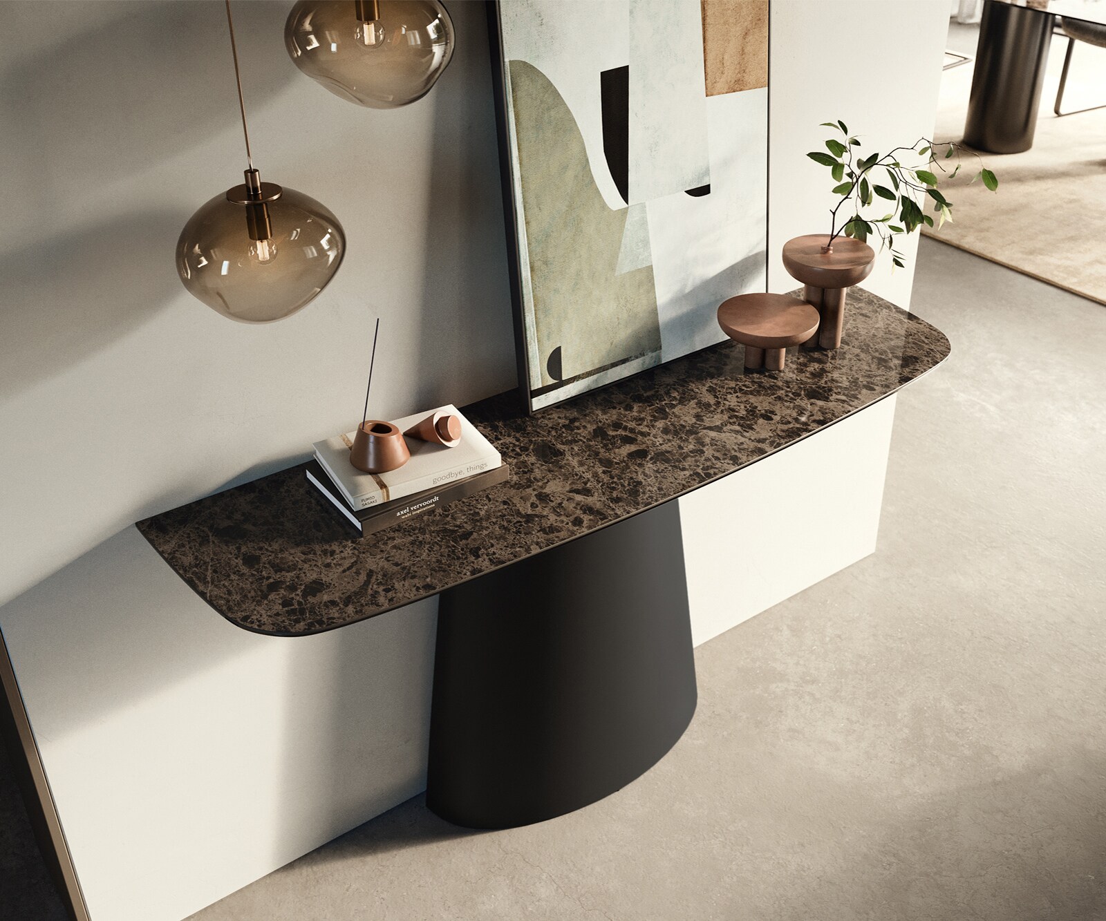 Console Edge forme bateau 140x40 cm Céramique Emperador Extra Lucidato Dunkelbraun Conos Métal Noir 1