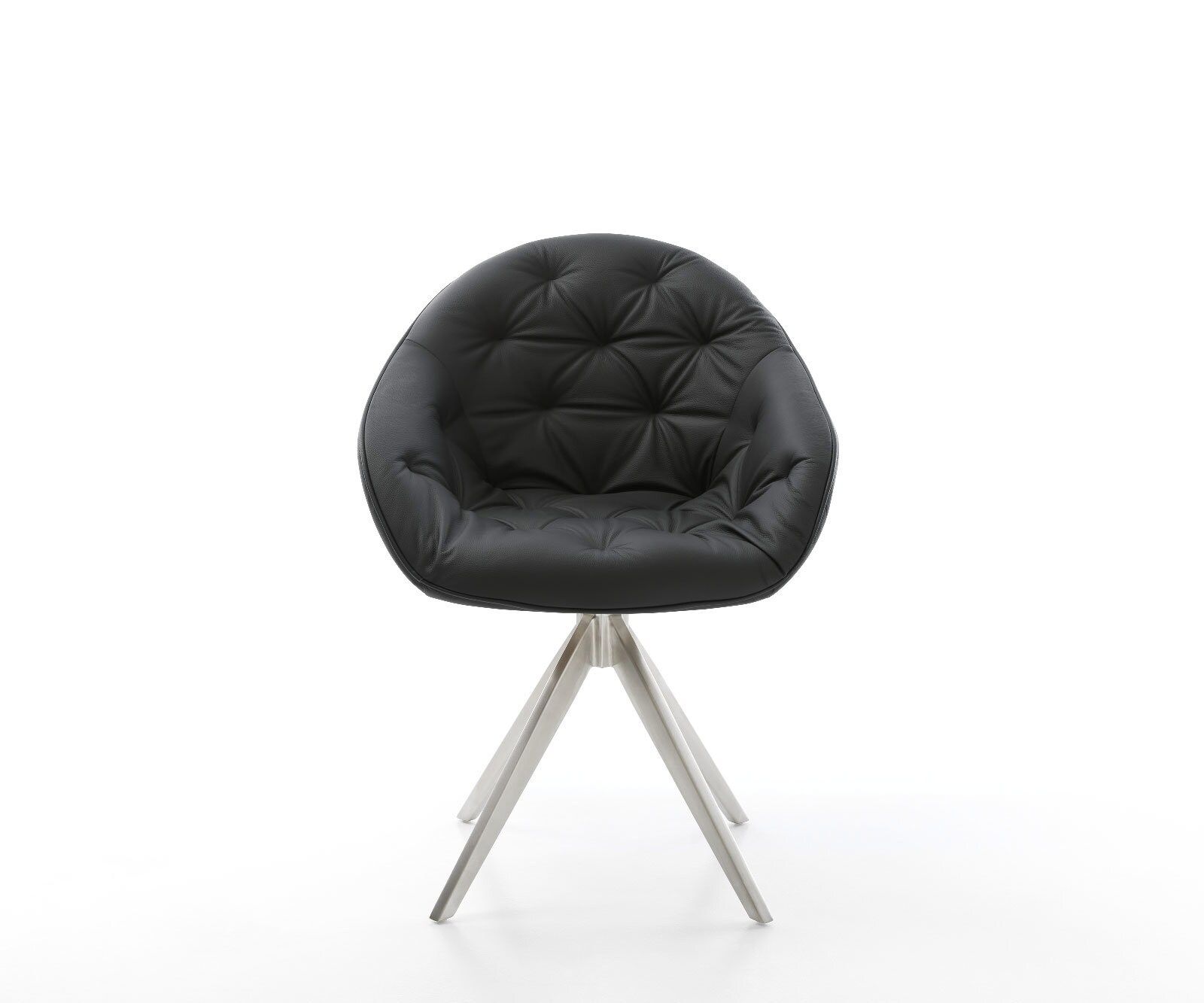 Chaise-de-salle-à-manger Gaio-Flex cuir de vache noir pied croisé angulaire acier inoxydable brossé 1