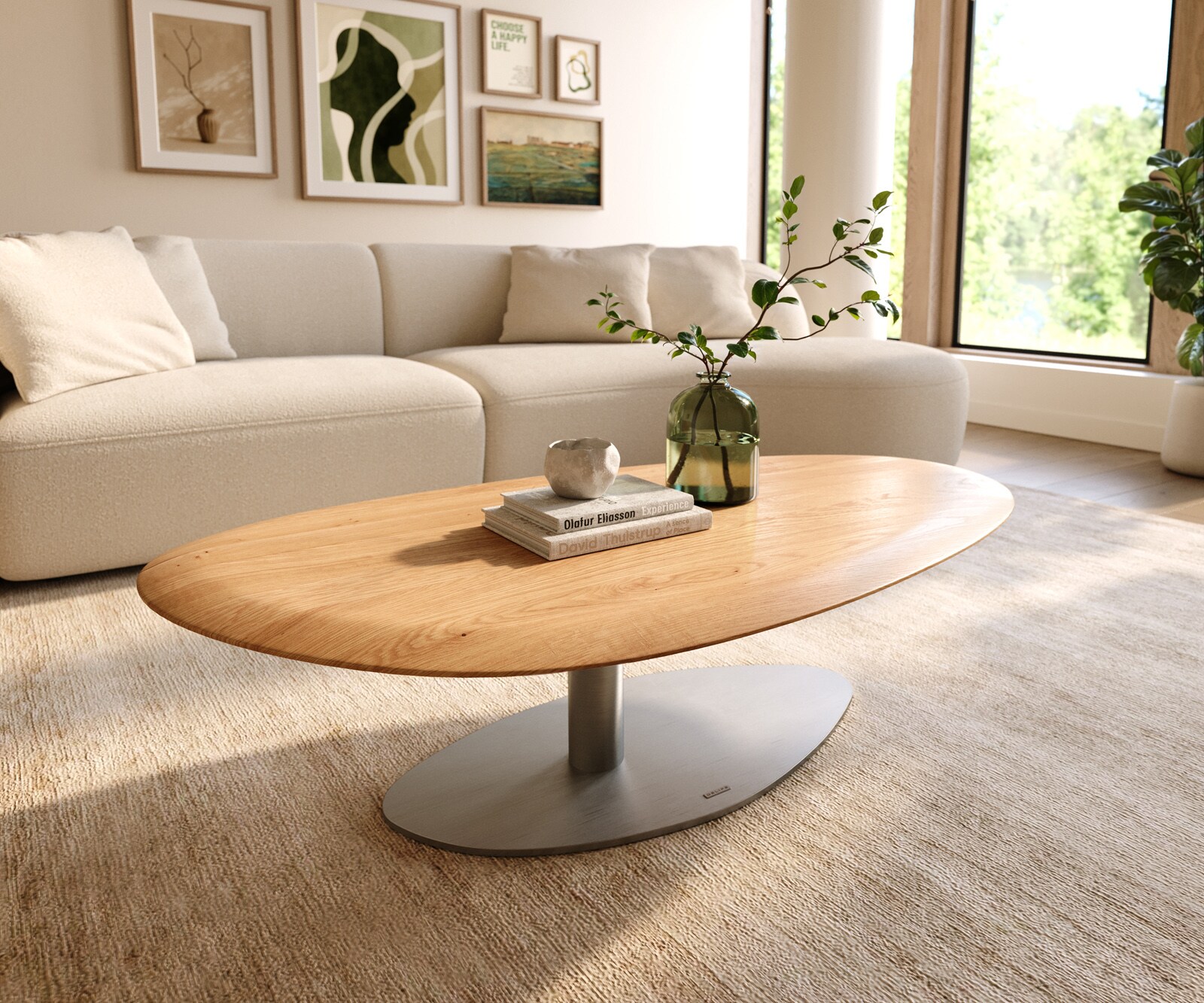 Table basse Edge Oval 140x75 cm chêne naturel bord arrondi Vibany acier inoxydable brossé 2