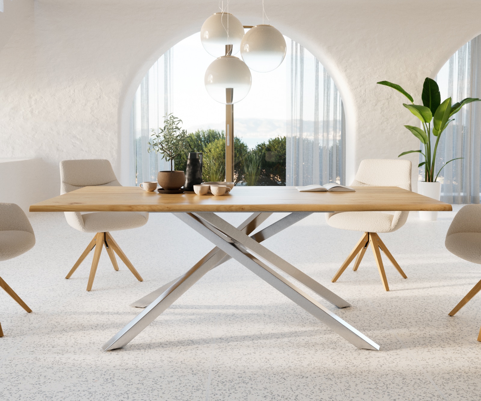 Table à manger Edge 200x100x2,5-3 chêne nature cadre croisé rectangle acier inoxydable Live-Edge 1 Table à manger Edge 200x100x2,5-3 chêne nature cadre croisé rectangle acier inoxydable Live-Edge 1