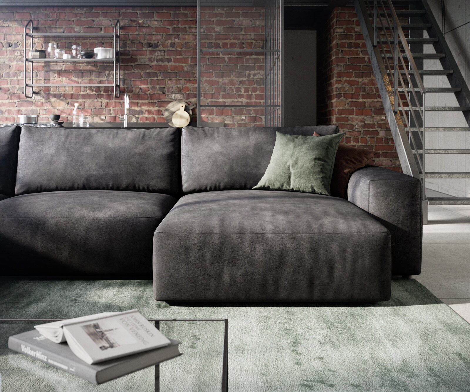 Grand canapé d’angle Lanzo 300x210 cm similicuir vintage anthracite 300x210 cm méridienne réversible avec pouf 5