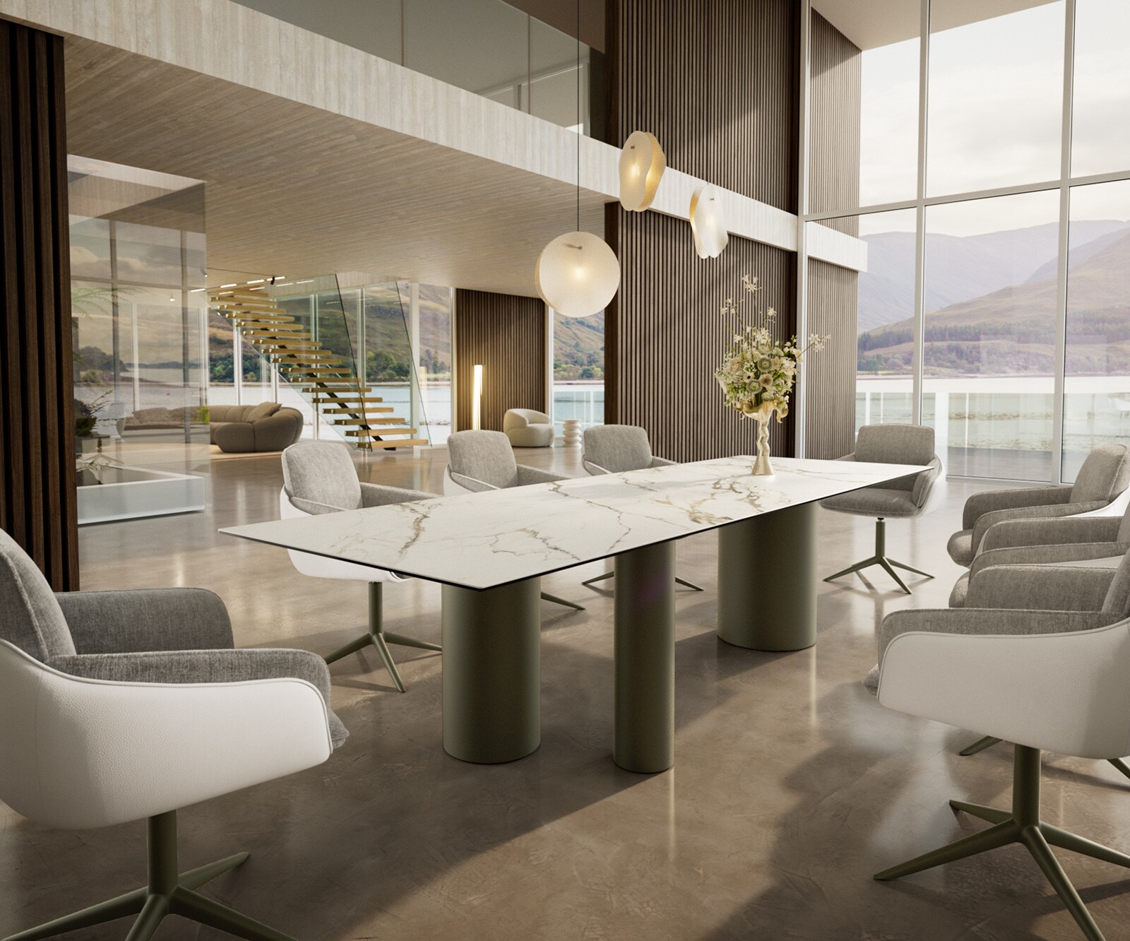 Table à manger Edge 300x100 Céramique Calacatta Luxe Blanc-Doré-Gris Troa Métal finition à effet Titane 5