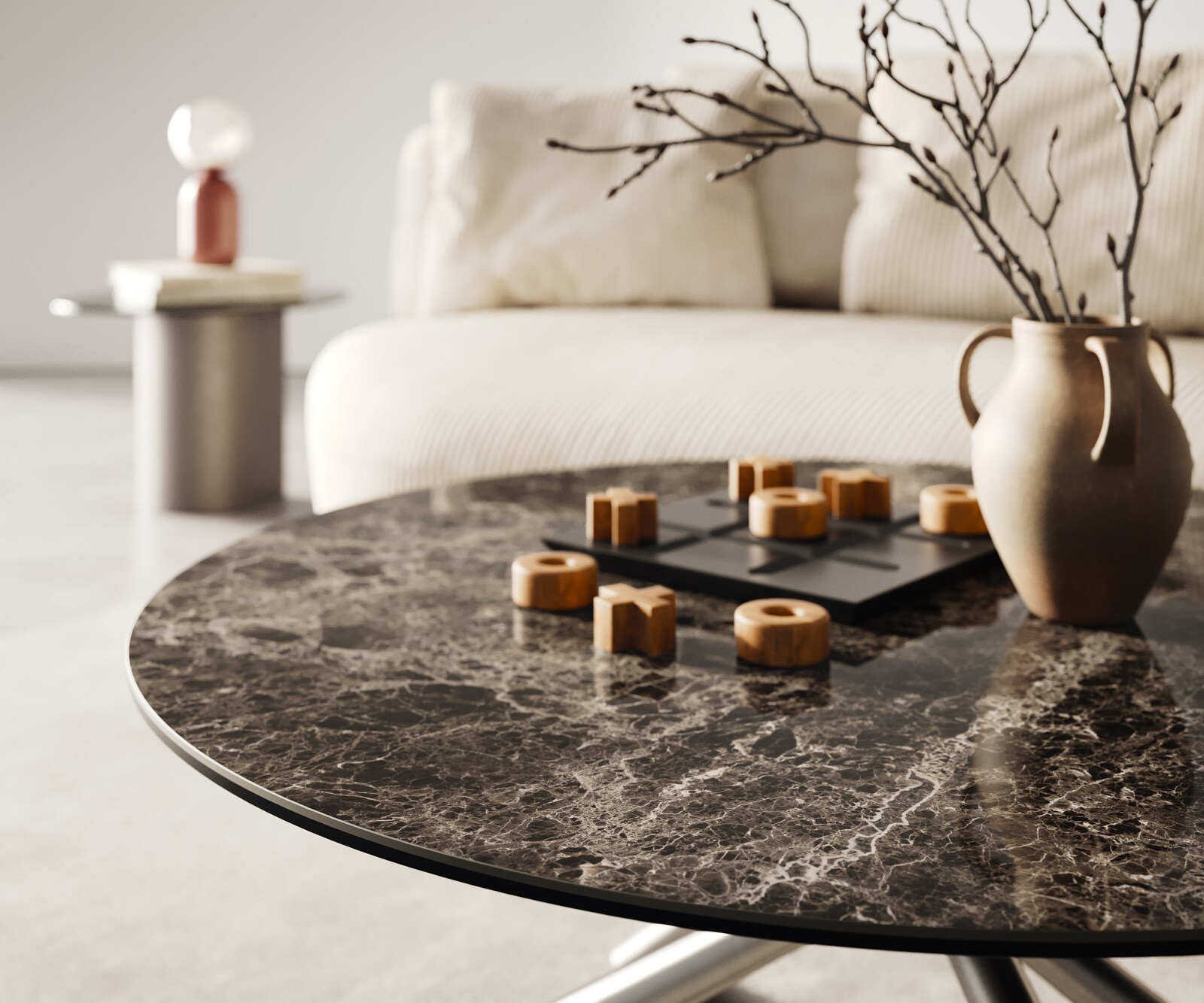 Table basse Edge rond 90x90 cm céramique Laminam® Emperador Extra Lucidato brun foncé Sarity acier inoxydable brossé 4