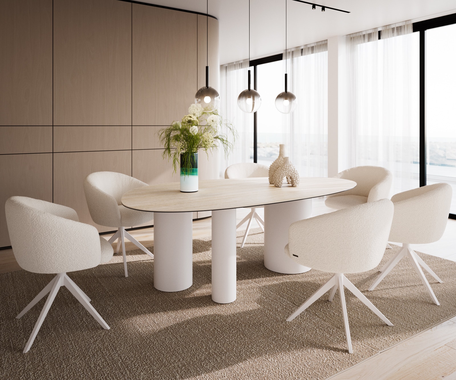 Table à manger Edge ovalee 220x120 céramique Laminam® Travertino Bianco crème-blanc Troa métal blanc 5