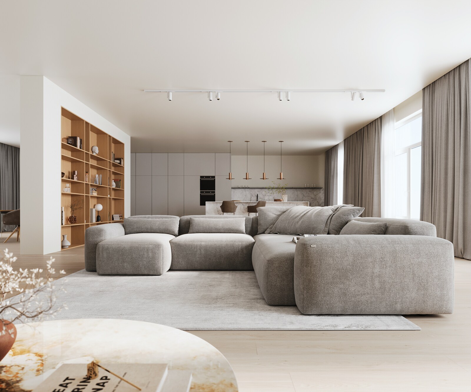 Canapé panoramique Freestyle 360x290 cm Tissu structuré doux Gris couture plate 1