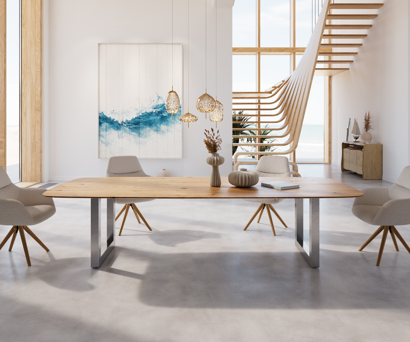 Table à manger Edge Boot 300x120x2,5-3 chêne nature acier inoxydable large bord suisse 1