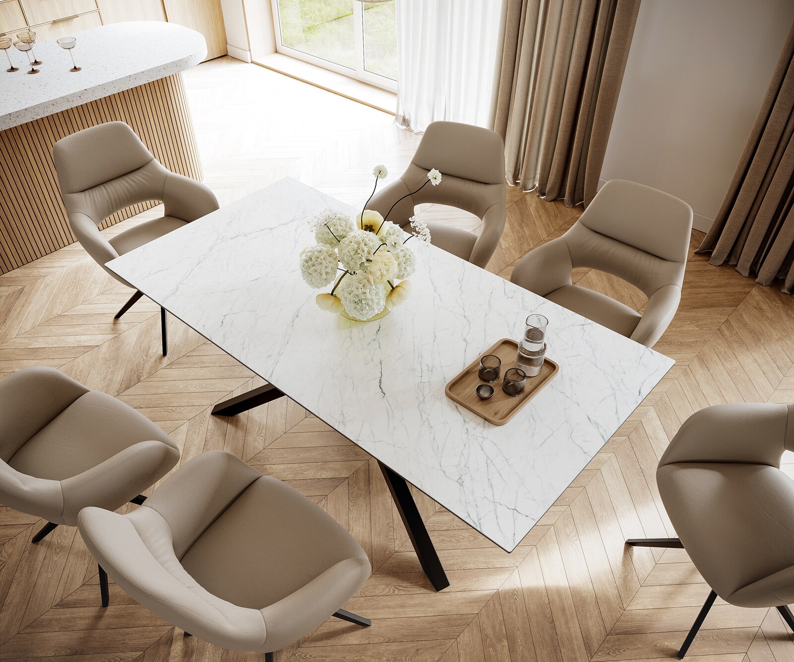 Table-à-manger Edge 200x100cm Laminam® céramique blanc pieds milieu croisé noir 3