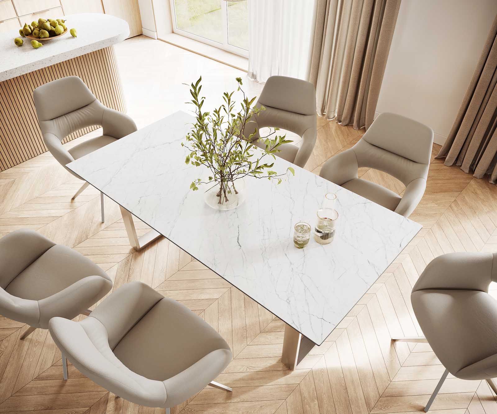 Table-à-manger Edge 200x100 céramique Laminam® statuarietto blanc inox étroit 3
