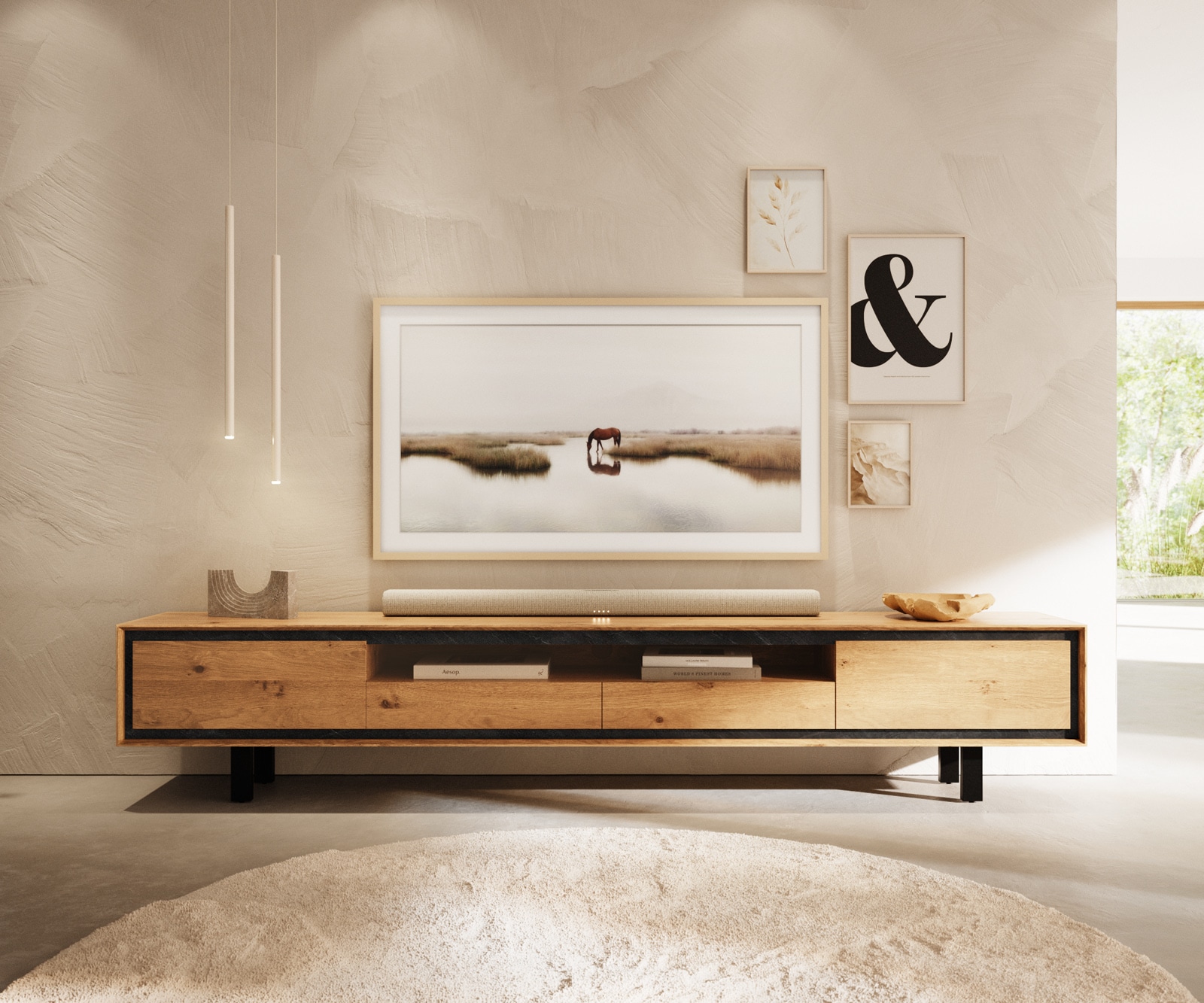 Meuble-TV Stonegrace 240 cm Chêne naturel 2 portes 2 tiroirs 1 compartiment Pied carré métal noir 2