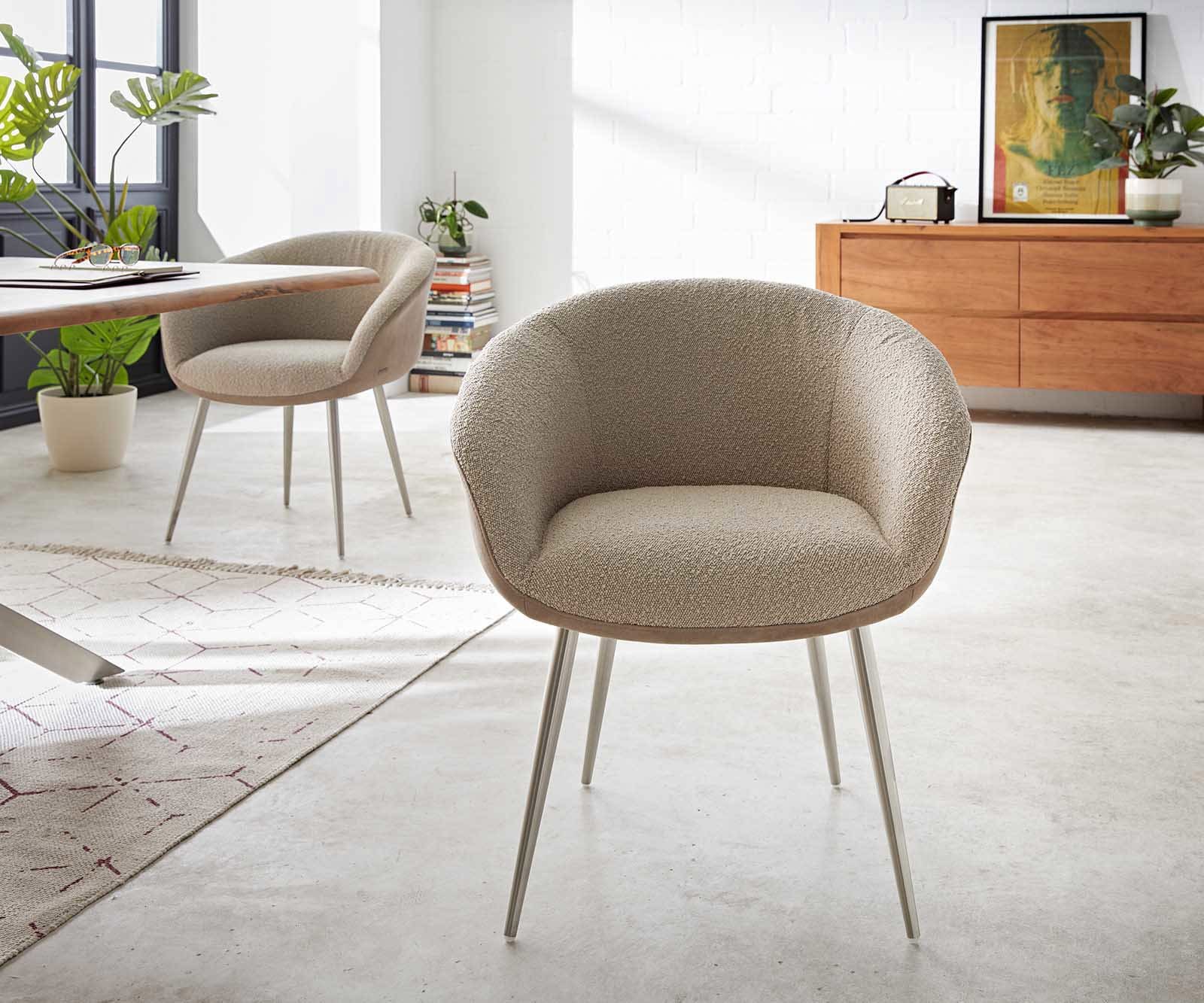 Chaise-de-salle-à-manger Vinka-Flex avec accoudoirs tissu mixte couleur boue 4 pieds coniques acier inoxydable brossé ressorts ensachés 1 Chaise-de-salle-à-manger Vinka-Flex avec accoudoirs tissu mixte couleur boue 4 pieds coniques acier inoxydable brossé ressorts ensachés 1