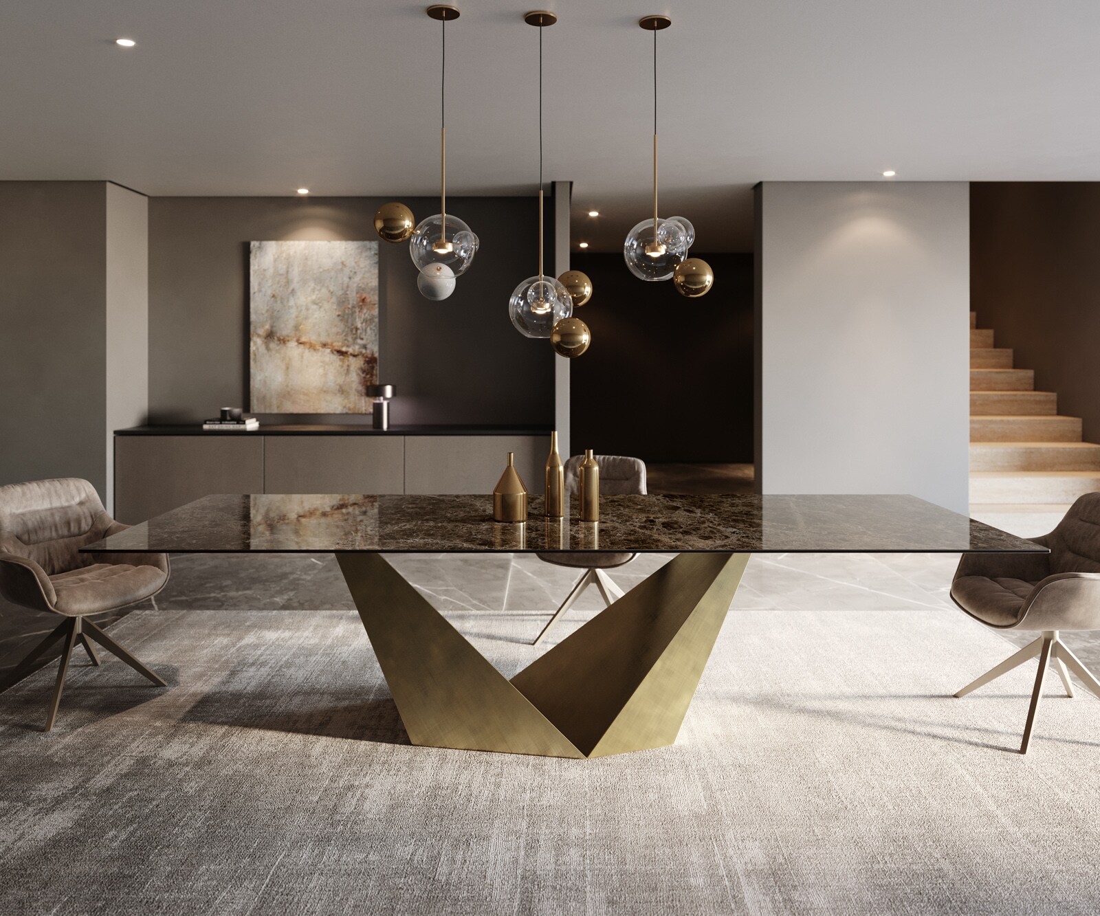 Table à manger Edge 300x100 céramique Laminam® Emperador Extra Lucidato marron foncé Prisma métallique doré 2