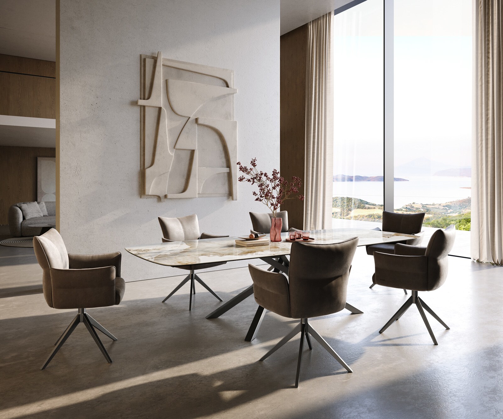 Table à manger Edge Boot 300x120 cm Céramique Minas Melange Blanc-Beige piètement en croix Rectangle Acier inoxydable Graphite 6