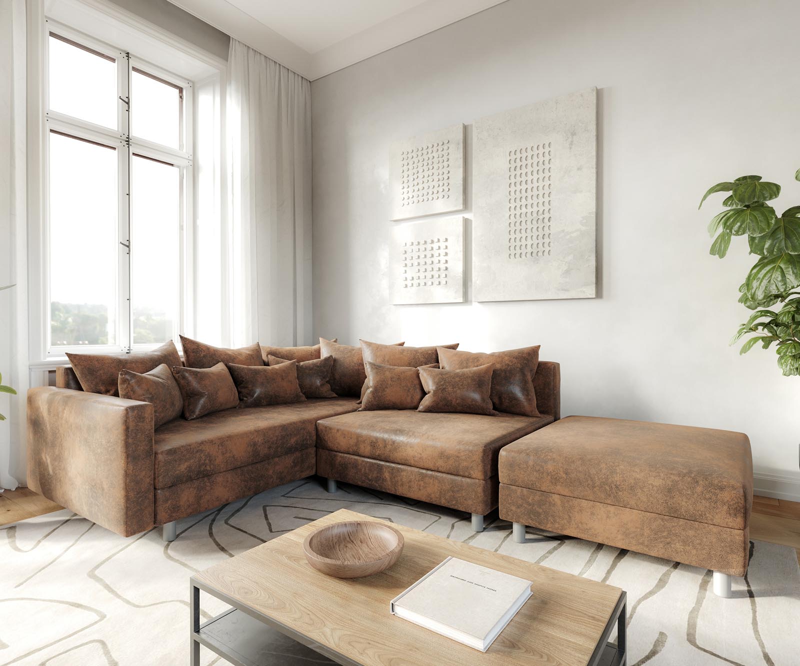 Canapé-d'angle Clovis marron modulable look antique avec tabouret et accoudoirs poufs gauche 1 Canapé-d'angle Clovis marron modulable look antique avec tabouret et accoudoirs poufs gauche 1