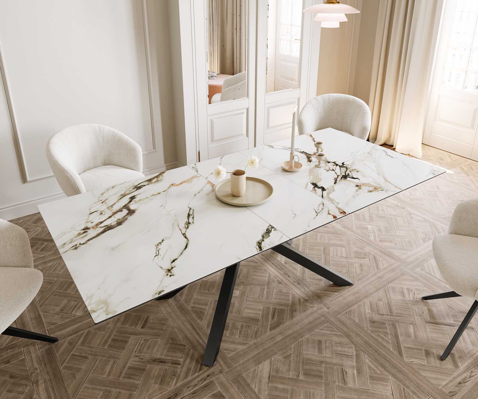 Table à manger Edge 180-220x100 céramique Calacatta Luxe blanc-doré-gris cadre croisé rectangulaire noir extensible 5