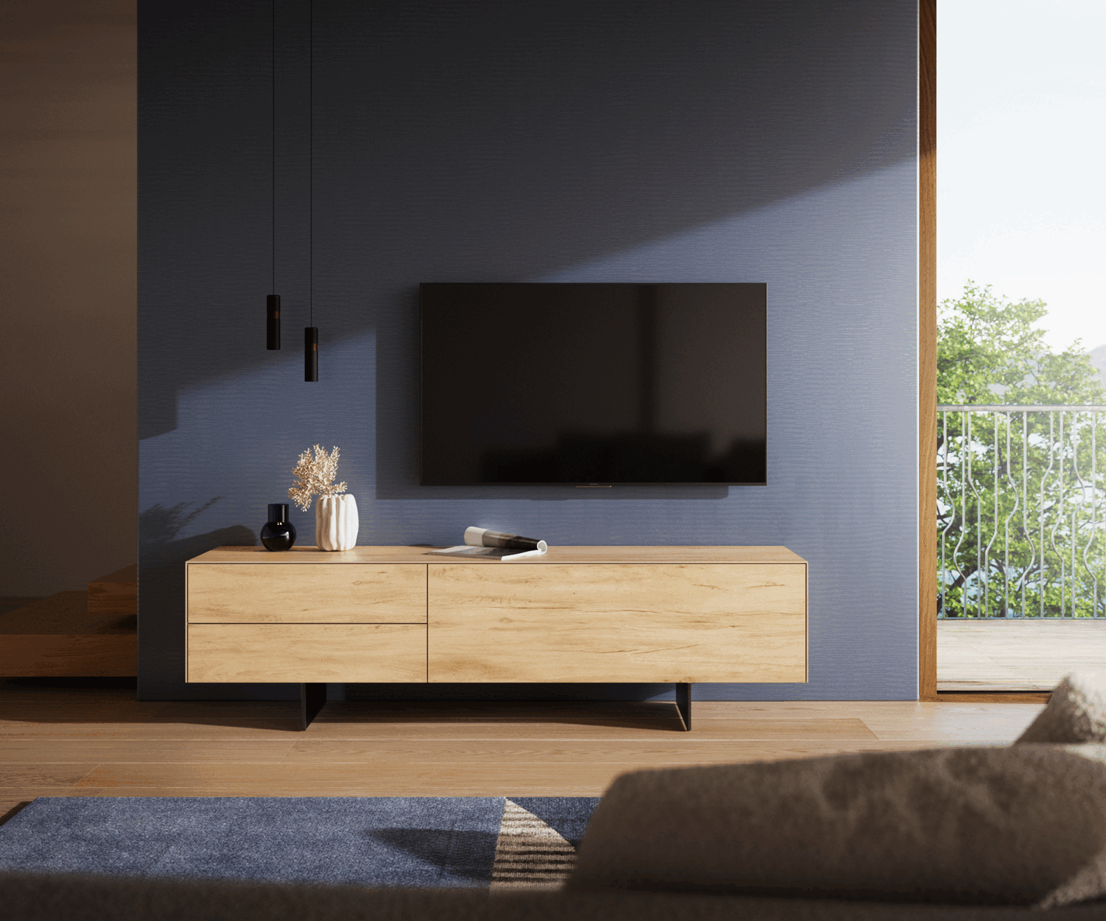 Meuble-TV Cuor 180 cm Céramique Laminam® Sabbia Teinte chêne 1 Clapet 2 Tiroirs Pied optique flottant Métal Noir 2