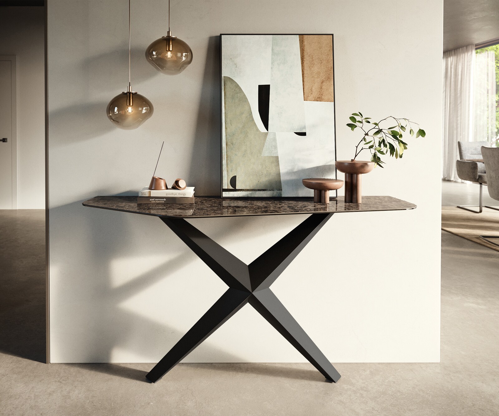 Console Edge Polygonal 140x50 cm Céramique Emperador Extra Lucidato Dunkelbraun Zentharo Métal Noir