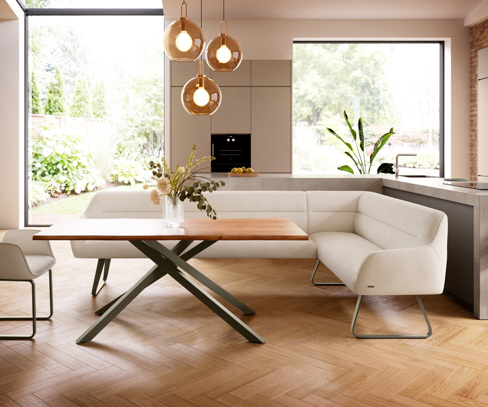 Banc-de-salle-à-manger Taya-Flex 285x190 cm bouclé crème-blanc châssis à patins plat titane ressort ensaché liens 2