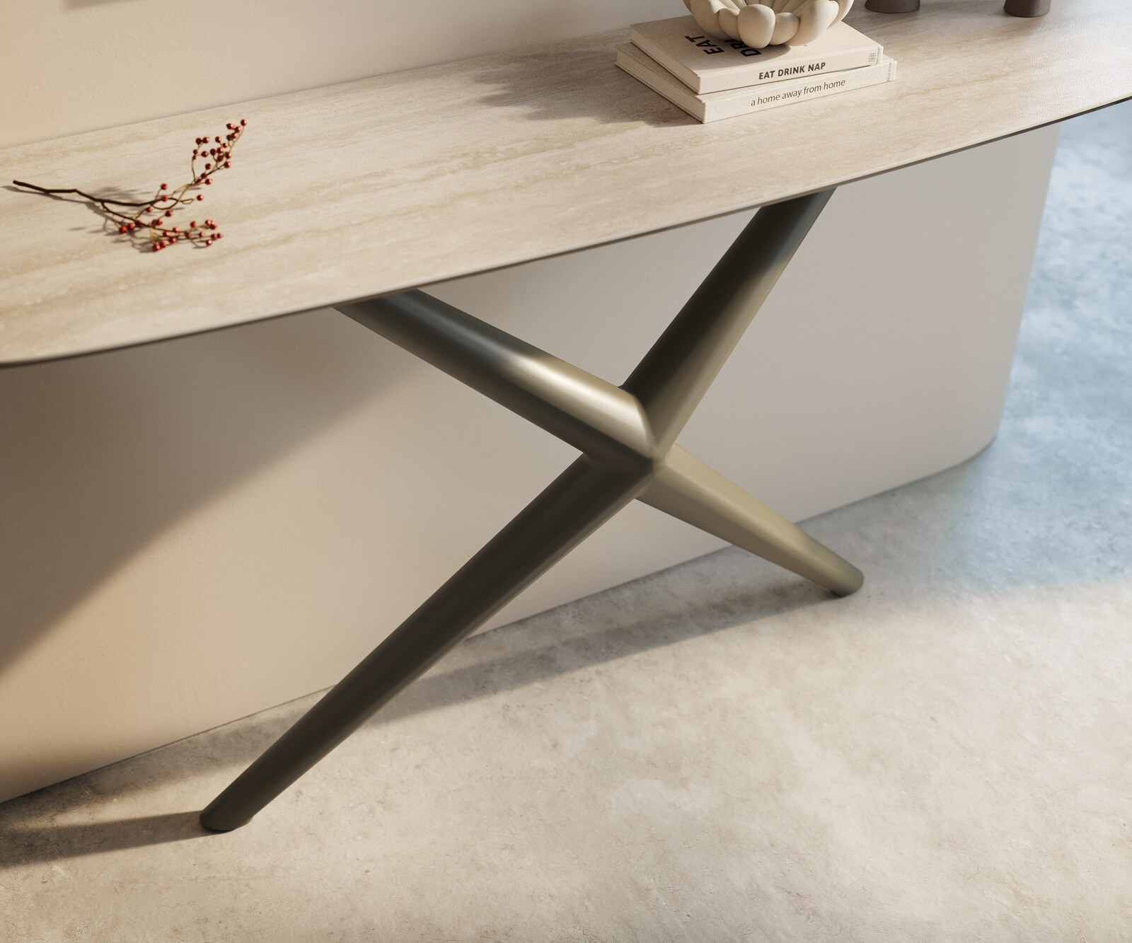Console Edge forme bateau 140x40 cm Céramique Laminam® Travertino Bianco Creme-Weiß Estelo Métal Effektfinish Titan 6