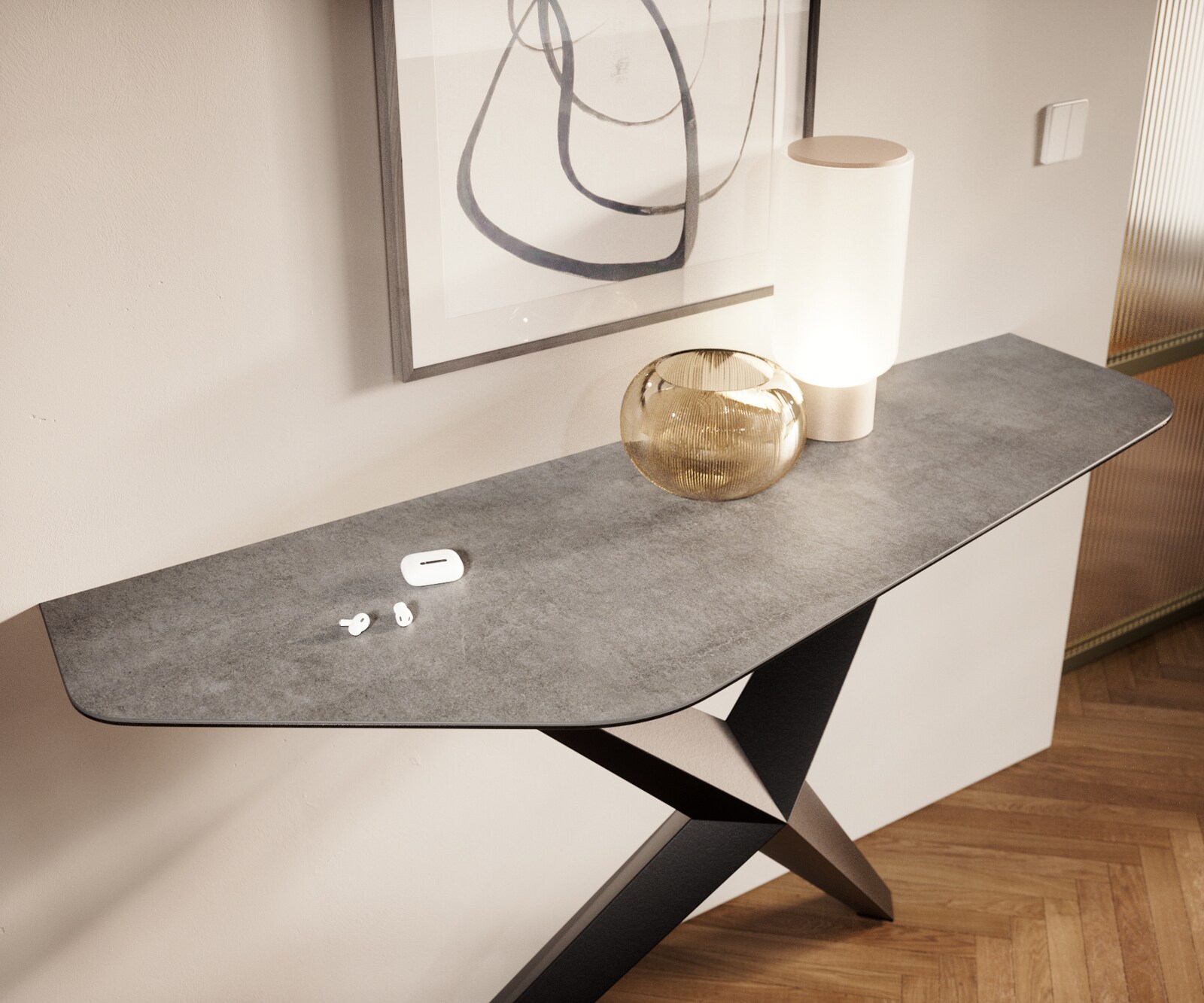 Console Edge Polygonal 140x50 cm Céramique Gris béton Zentharo Métal Noir 6