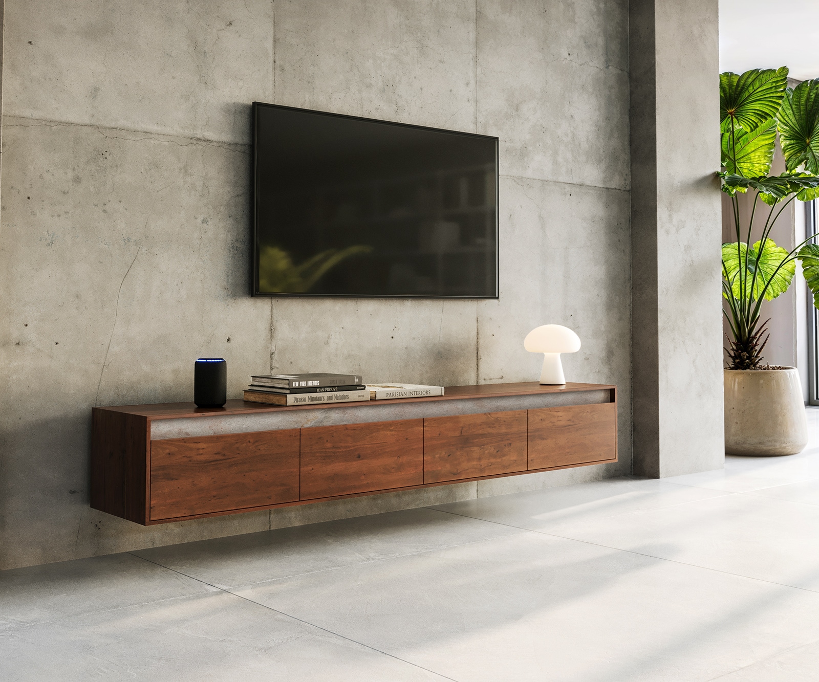 Meuble-TV Stonegrace 200 cm acacia marron ardoise 4 tiroirs suspendus Meuble-TV Stonegrace 200 cm acacia marron ardoise 4 tiroirs suspendus