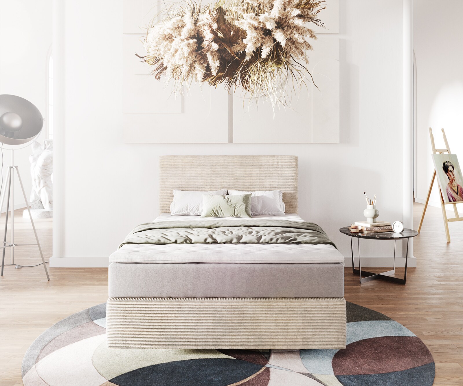 Lit-à-sommier-tapissier Dream-Well 120x200 cm velours côtelé beige avec matelas à ressorts ensachés et surmatelas viscoélastique 1