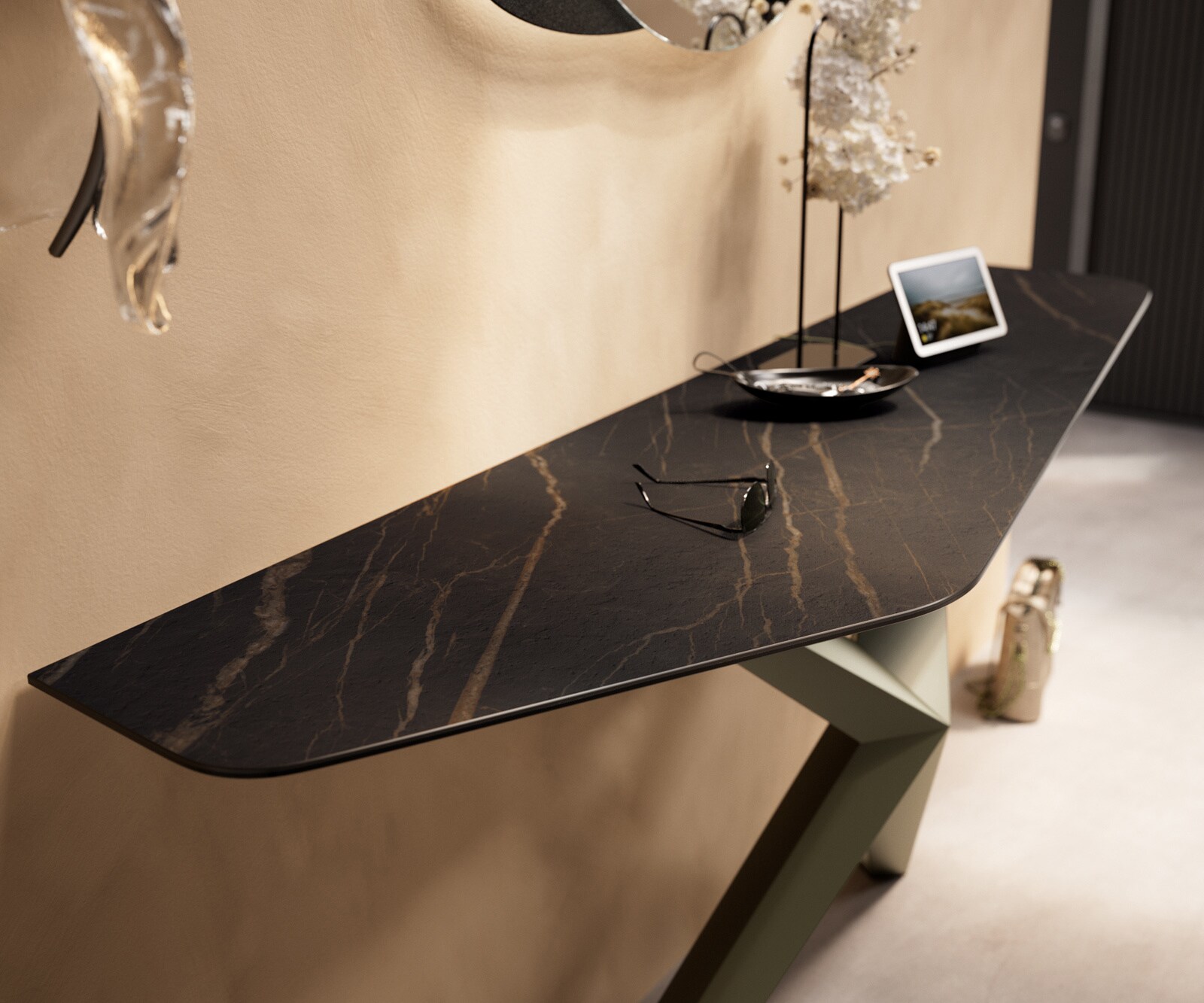 Console Edge Polygonal 180x50 cm Céramique Laminam® Noir Desir Braun Zentharo Métal Effektfinish Titan 6