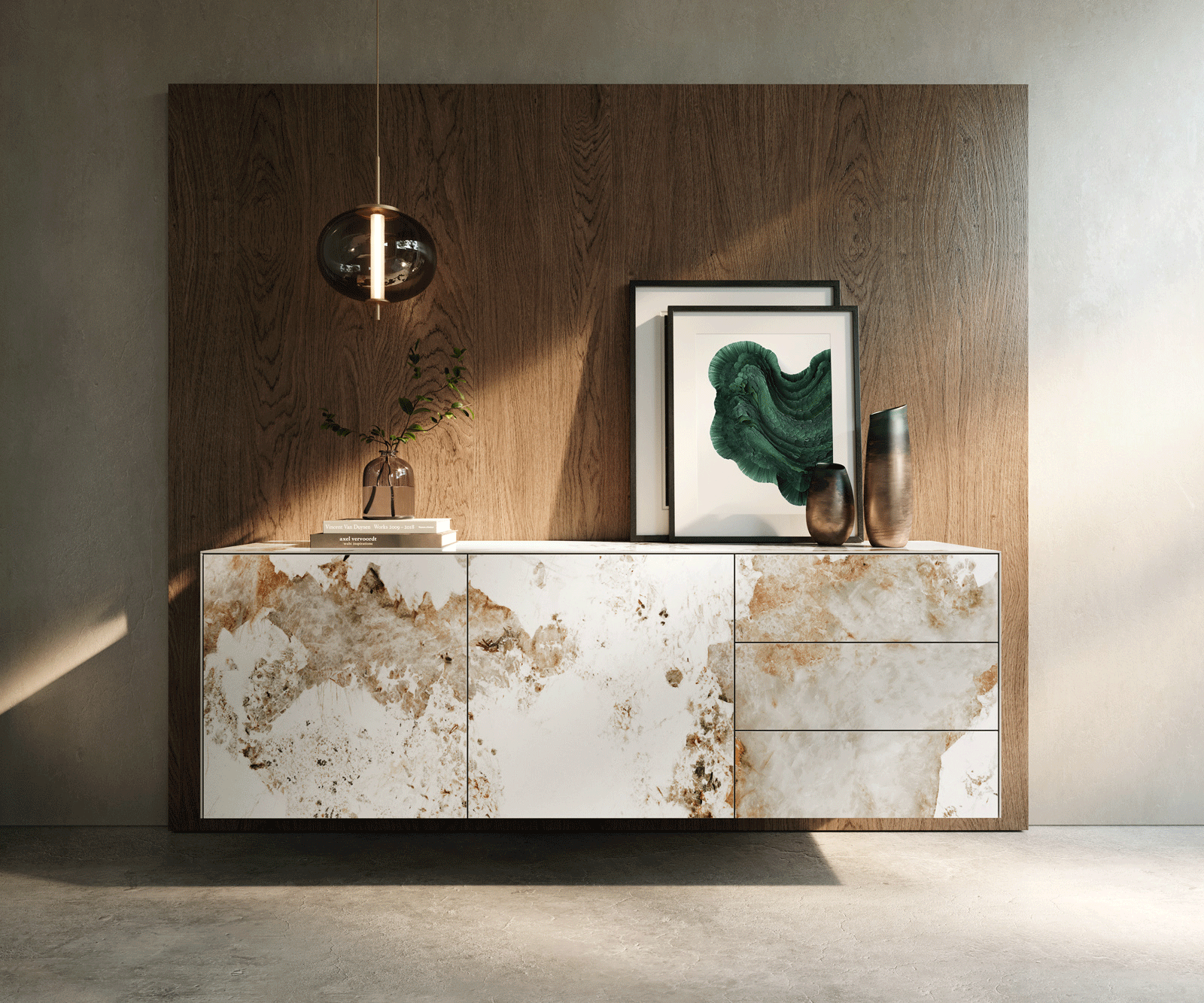 Buffet Cuor 180 cm Céramique Minas Melange Blanc-beige 2 Portes 3 Tiroirs Flottant 2