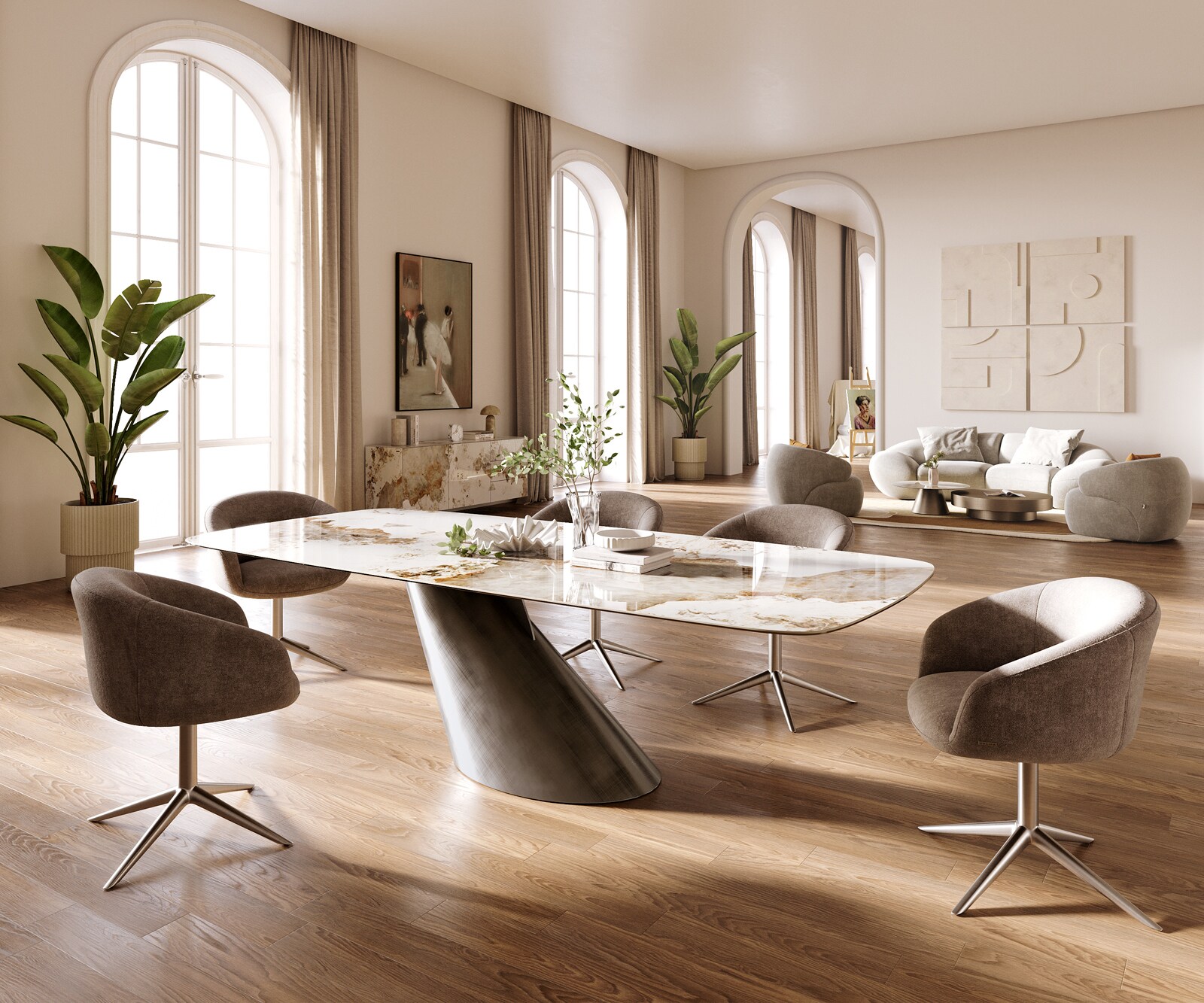 Table à manger Edge Boot 260x120 cm Céramique Minas Melange Blanc-Beige Cono Métalic Argent 6